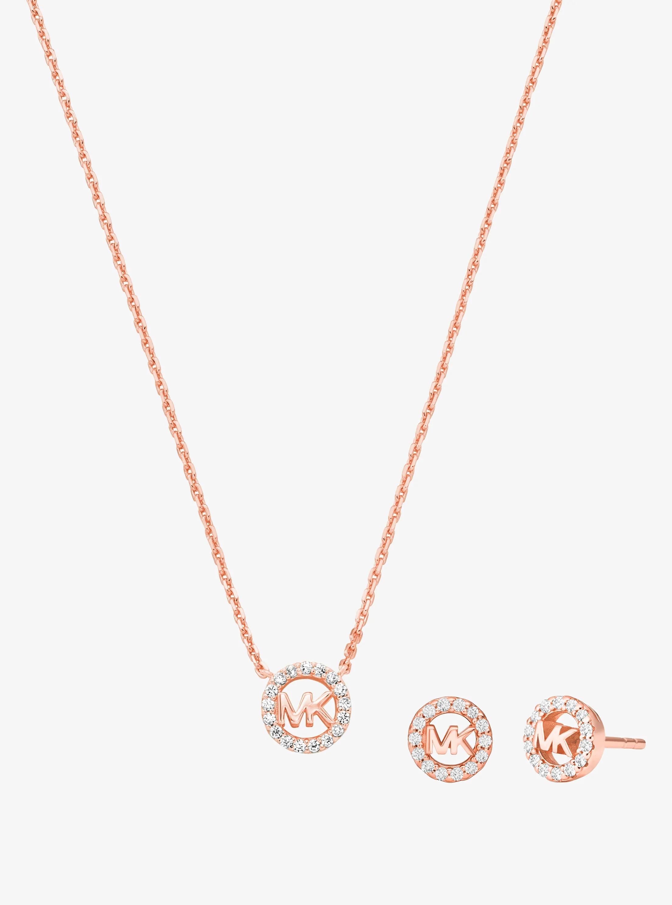 MK Collier et boucles d'oreilles Fulton en argent sterling plaqué en métal précieux avec pierres pavées et breloque à logo - Or Rose - Michael Kors