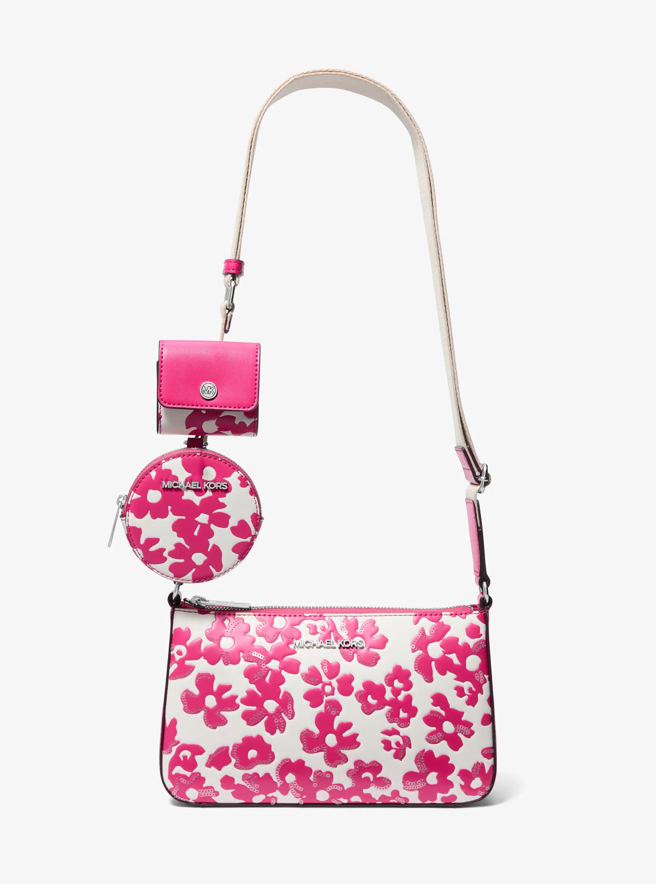 Jet Set Small Sequined Floral Print Crossbody Bag with Case for Apple Airpods Pro&reg; in DRAGONFRUIT | Michael Kors