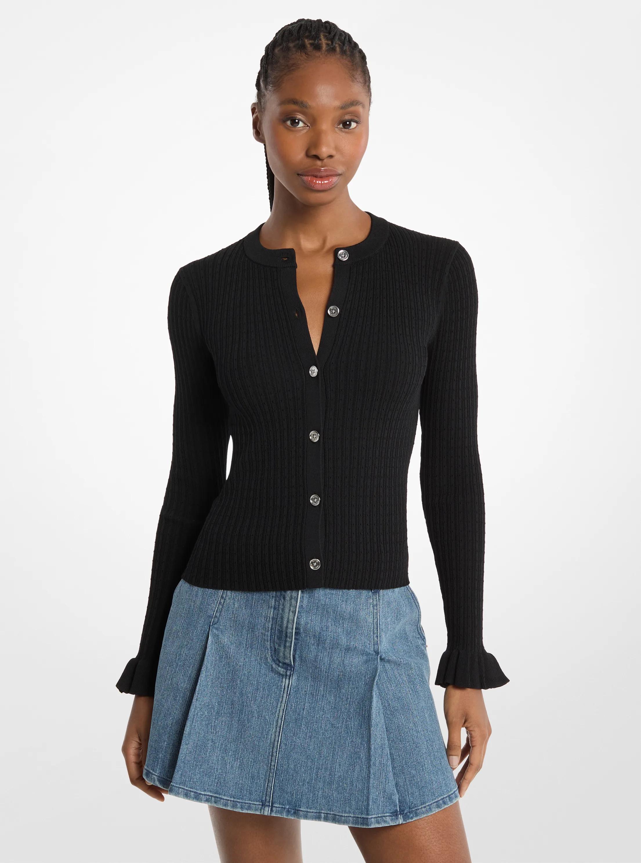 Ruffled Stretch Knit Cardigan in BLACK | Michael Kors