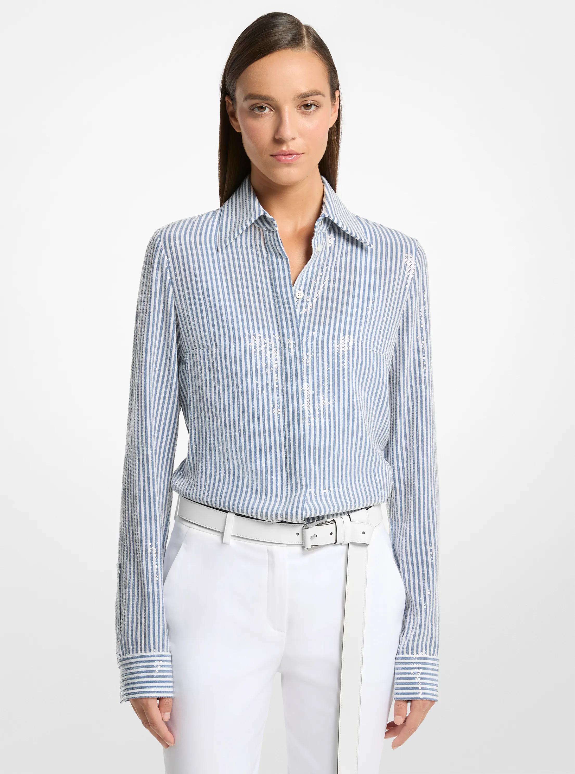 Camisa Hansen de crep&eacute; de China de seda a rayas con lentejuelas in ACERO/BLANCO &Oacute;PTICO | Michael Kors