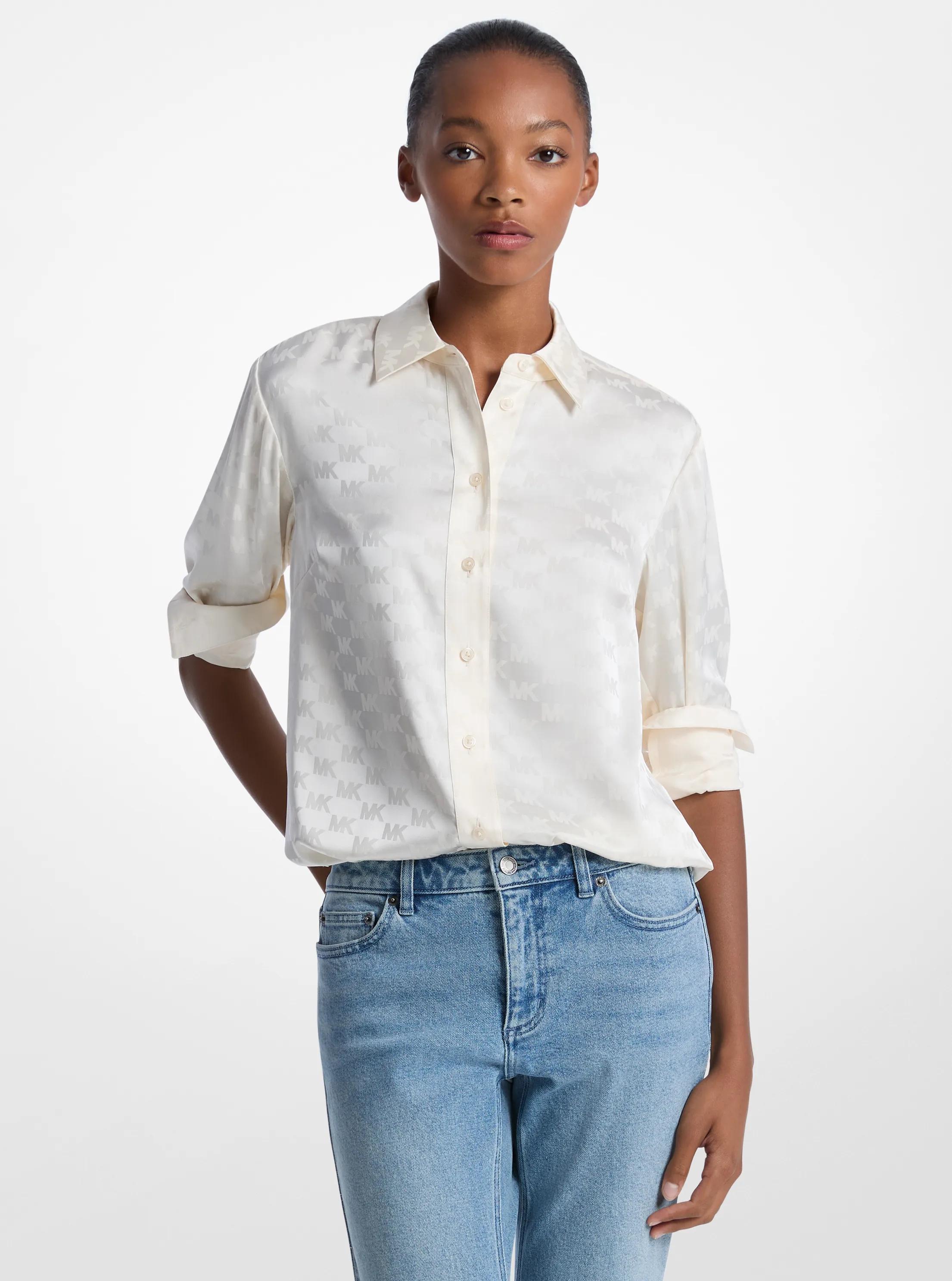 Logo Jacquard Satin Shirt in BONE | Michael Kors