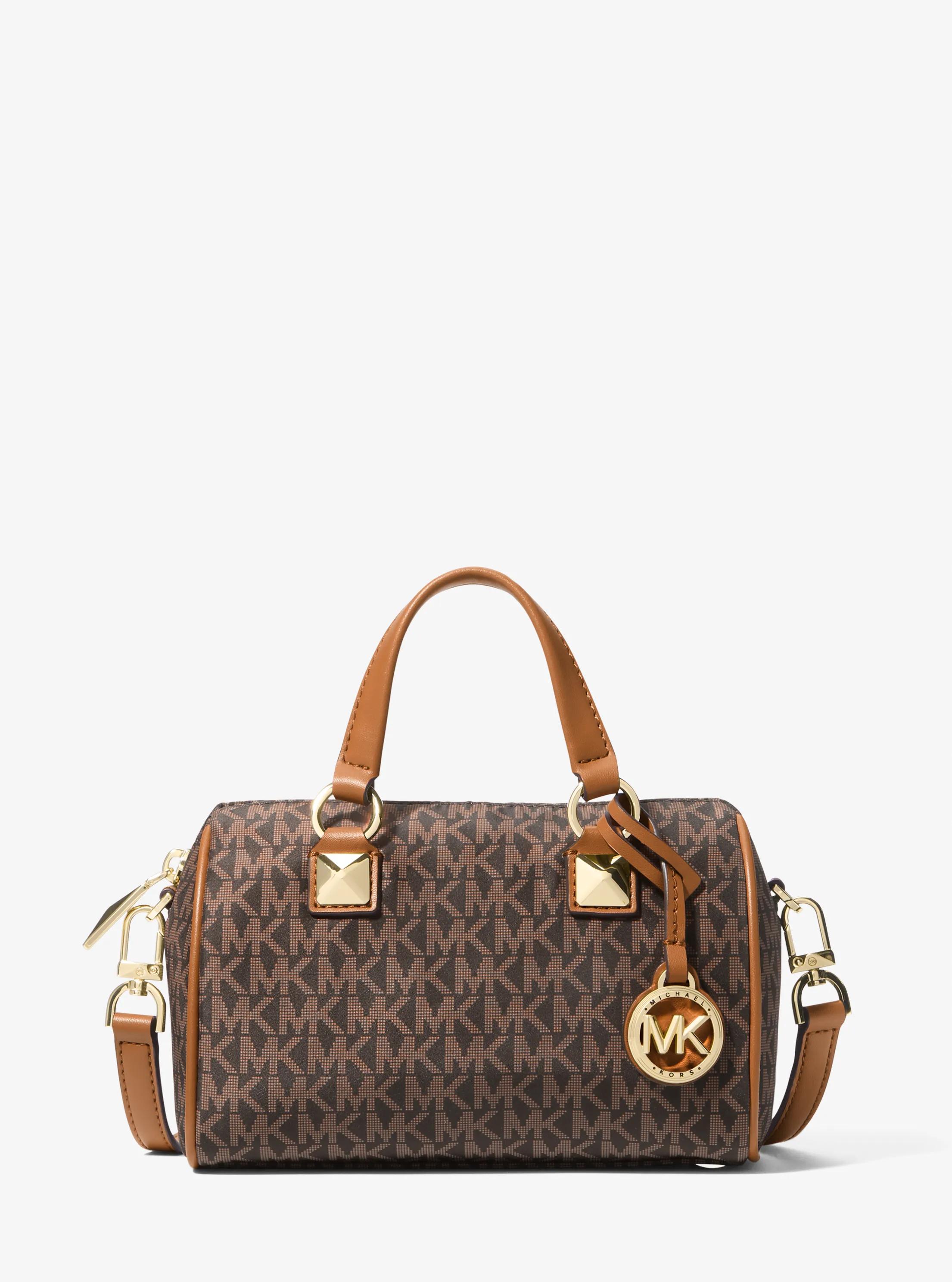 Grayson Small Logo Print Woven Duffel Crossbody Bag in BRN/ACORN | Michael Kors