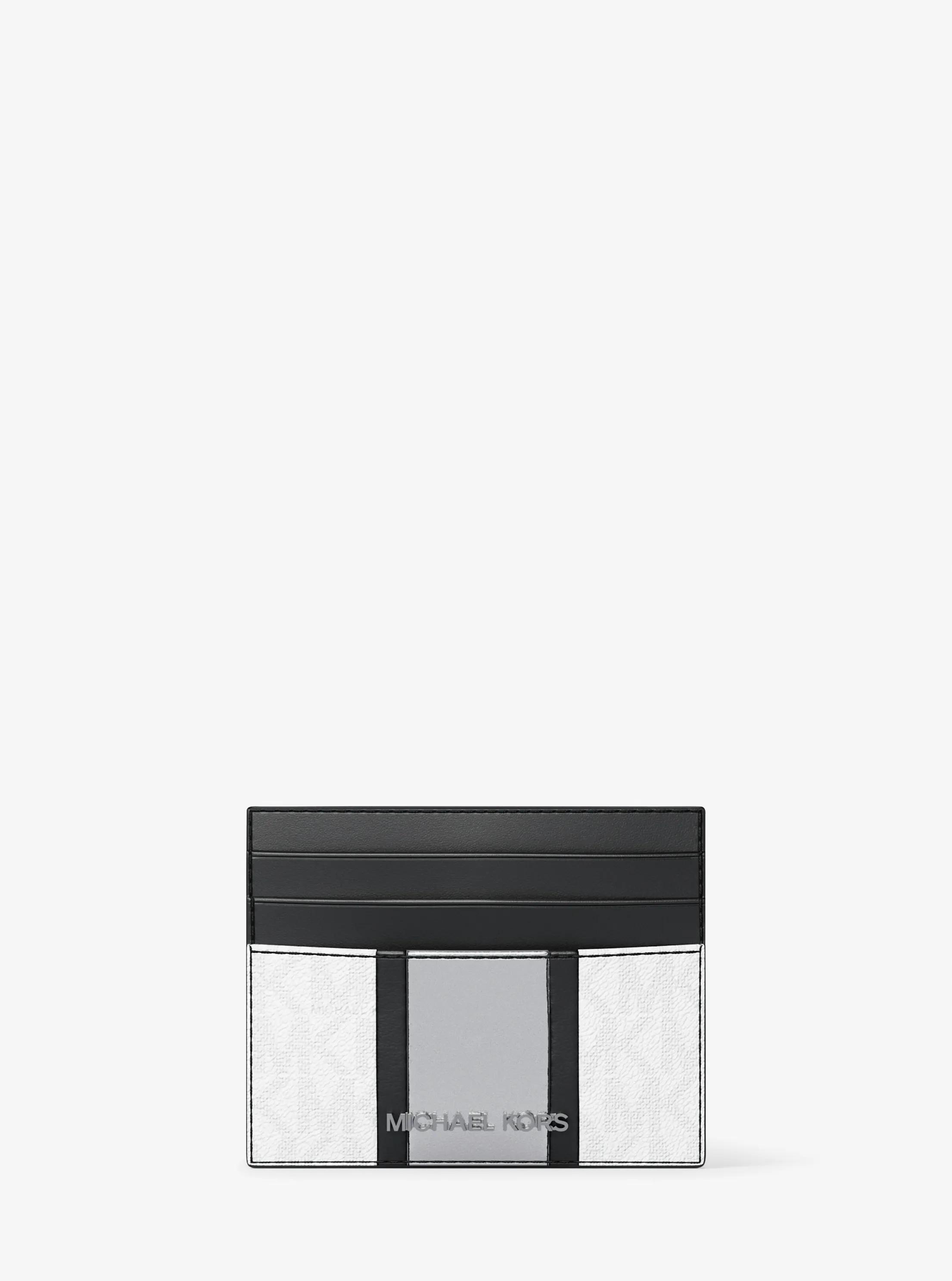 Cooper Striped Signature Logo Card Case in SILVER | Michael Kors