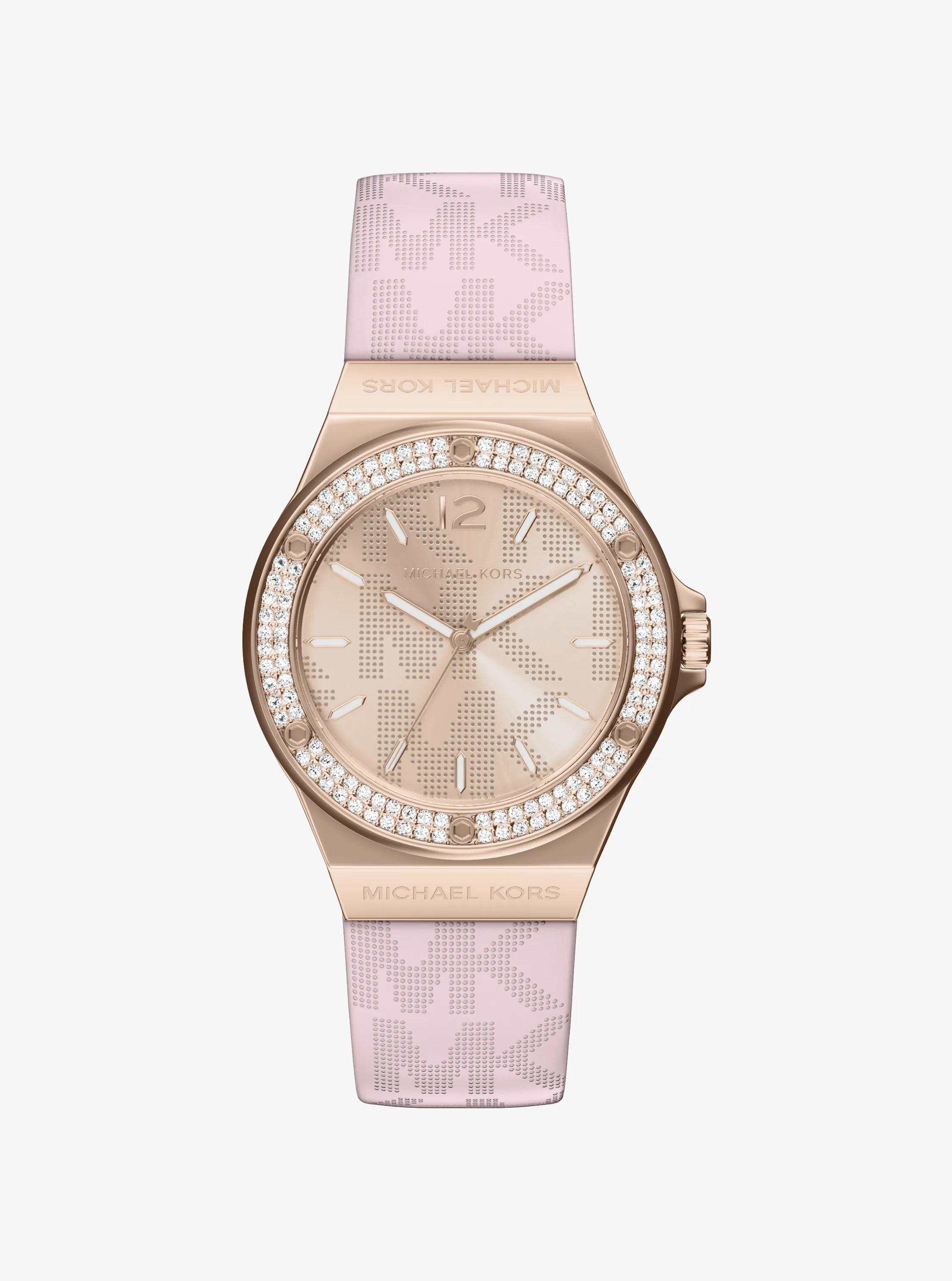 Reloj Lennox en tono oro rosa con pav&eacute; y tira de silicona con logotipo in DORADO ROSA | Michael Kors