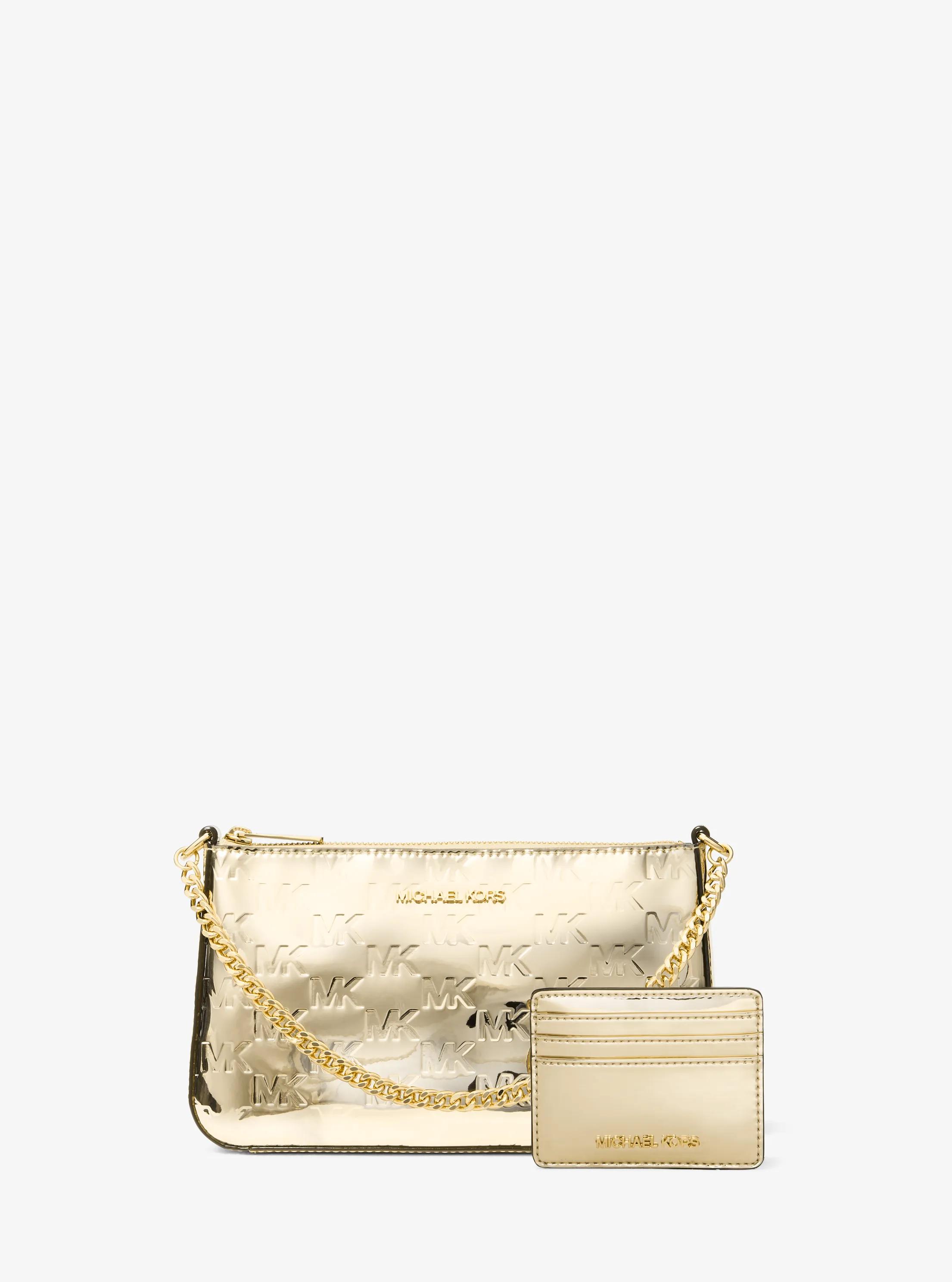 Jet Set Medium Metallic Logo Debossed Pochette and Card Case Gift Set in PALE GOLD | Michael Kors
