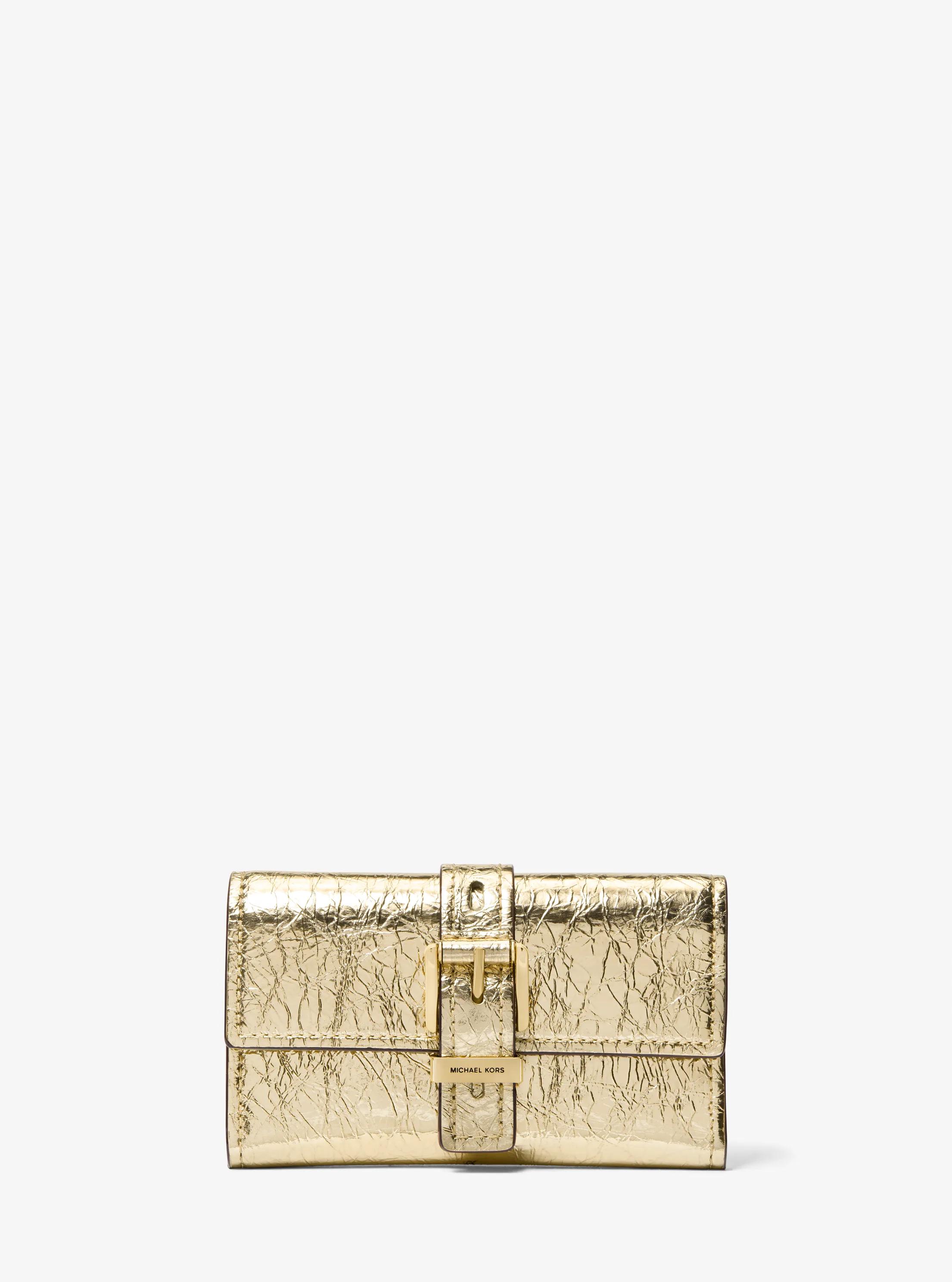 Nolita Medium Metallic Crackled Leather Tri-Fold Wallet in PALE GOLD | Michael Kors