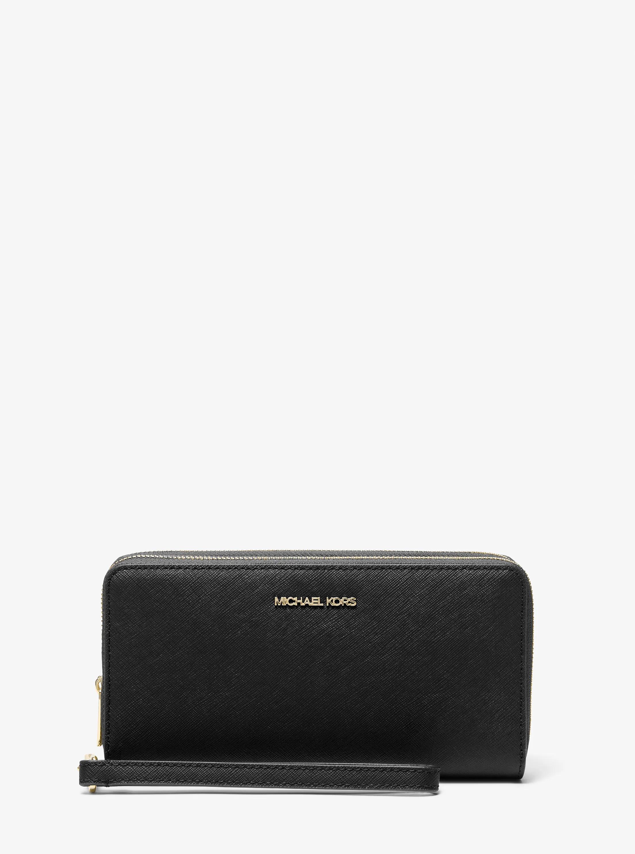Jet Set Travel Large Saffiano Leather Wristlet in BLACK | Michael Kors