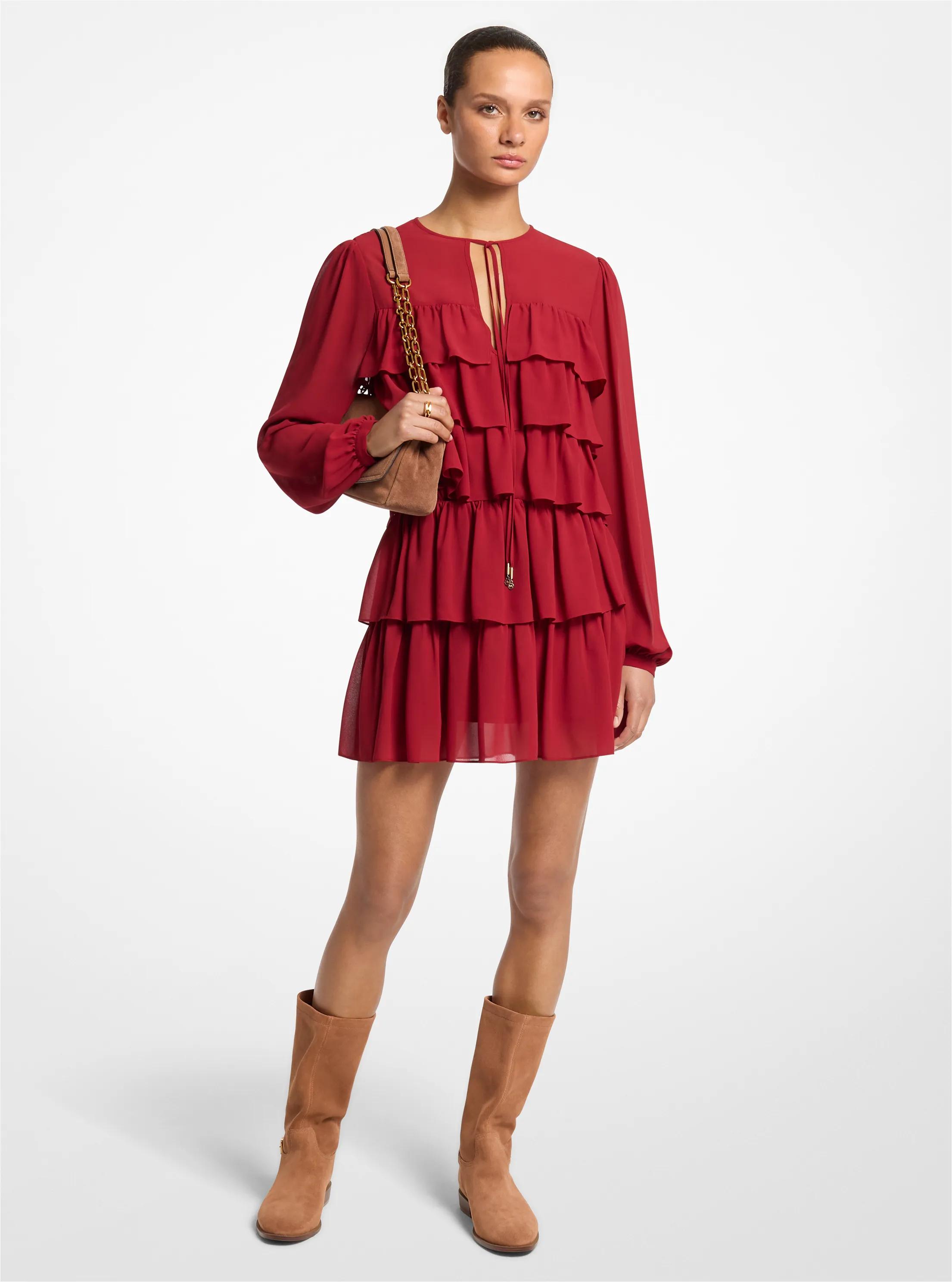 MK Robe en georgette à volants et col lavallière - Rouge - Michael Kors