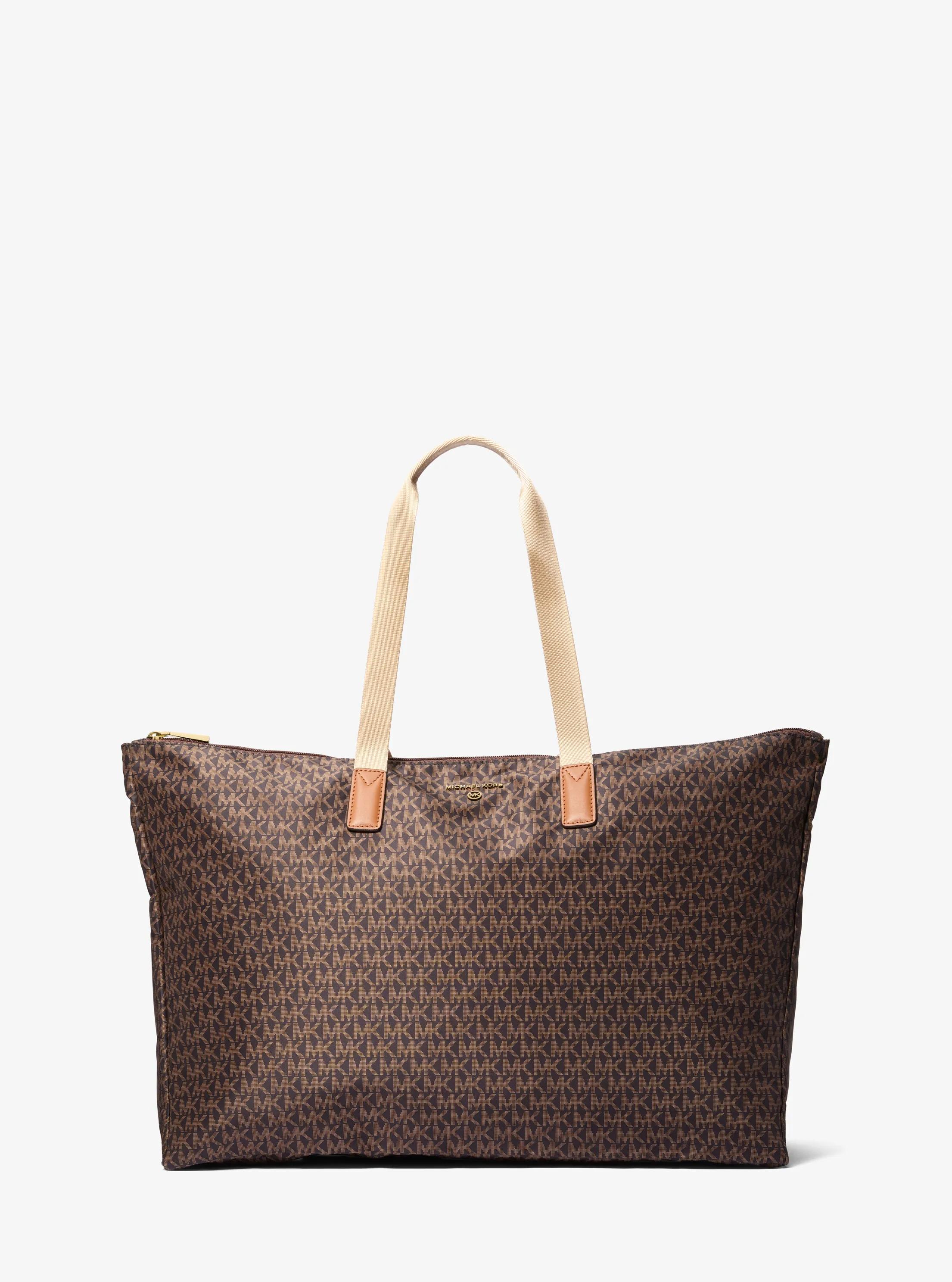 Jet Set Travel Large Signature Logo Print Woven Tote Bag in BRN/ACORN | Michael Kors