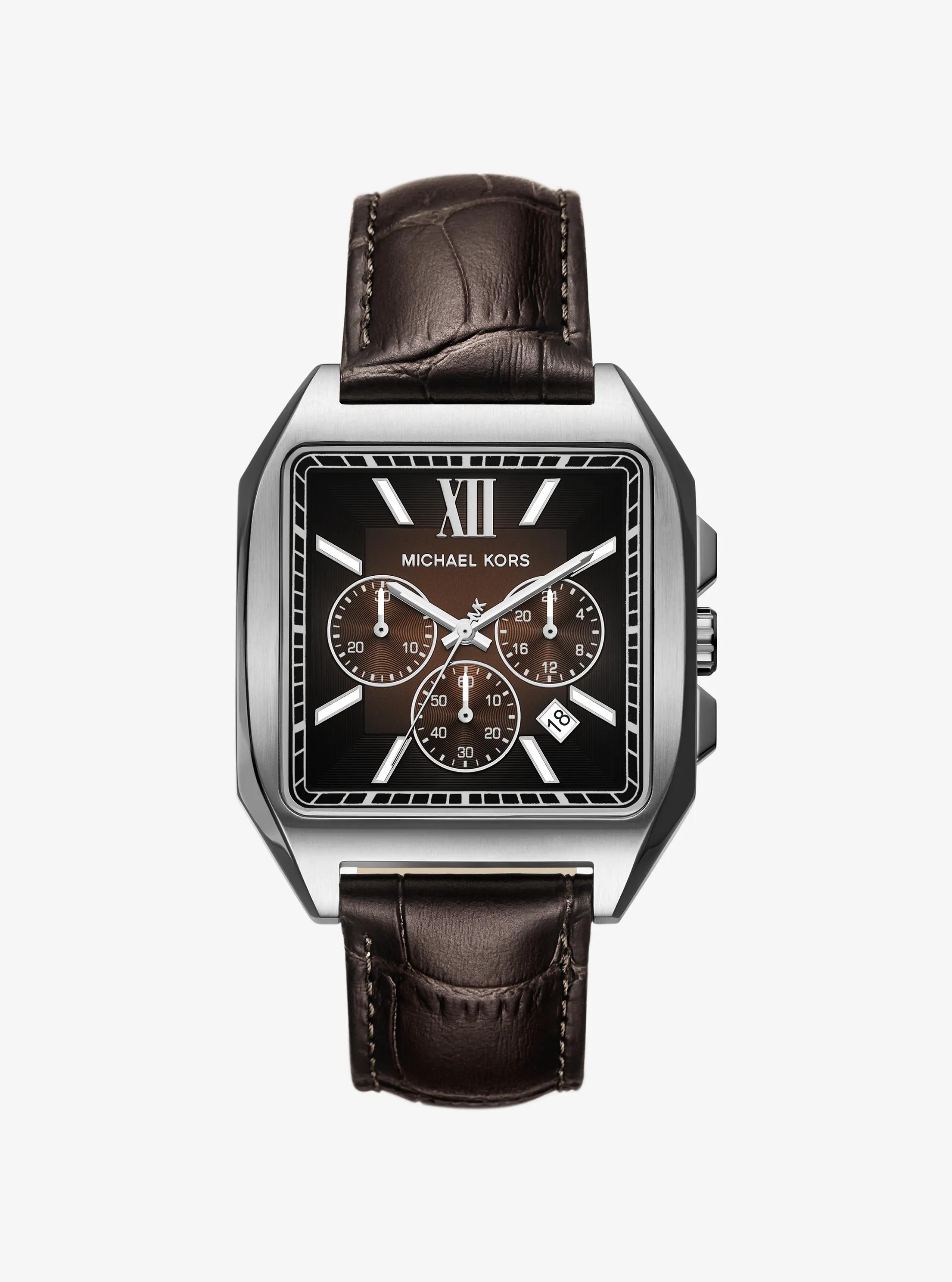XXL-Armbanduhr Hayes im Silberton mit Lederarmband mit Krokodilpr&auml;gung in SCHOKOLADE | Michael Kors