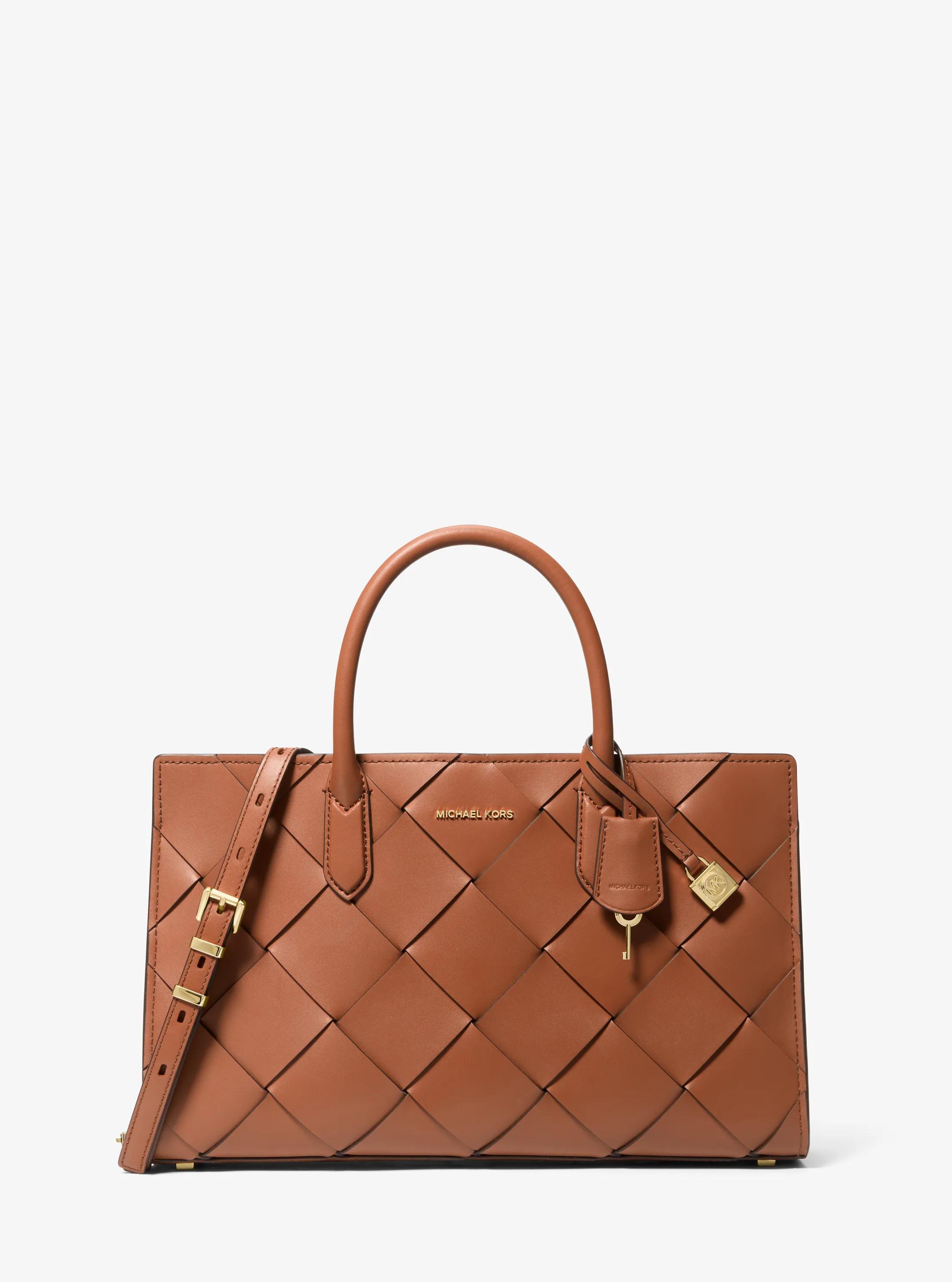 Scarlett Medium Woven Leather Satchel in LUGGAGE | Michael Kors