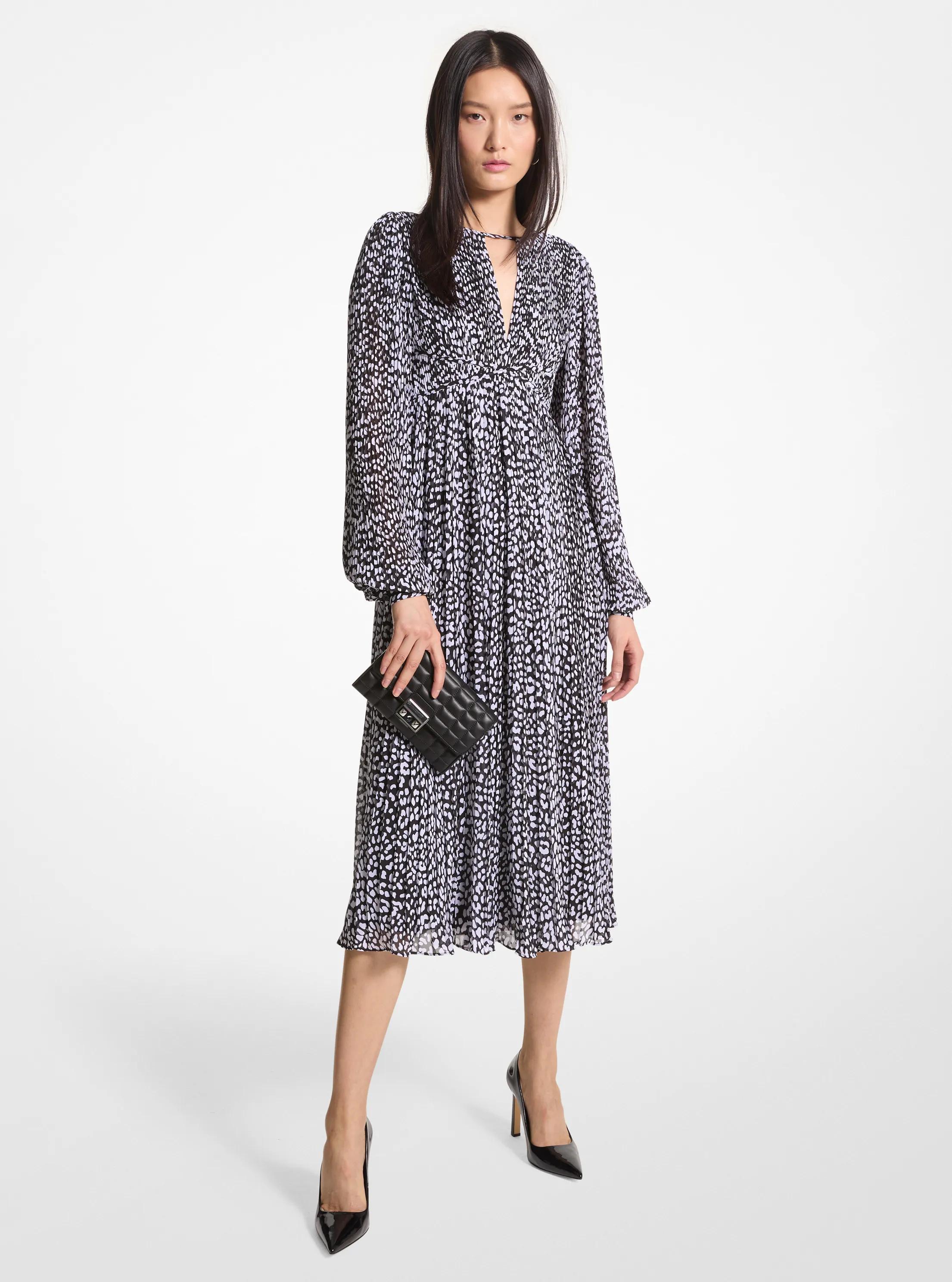 Pleated Leopard Print Georgette Midi Dress in BLACK/WHITE | Michael Kors
