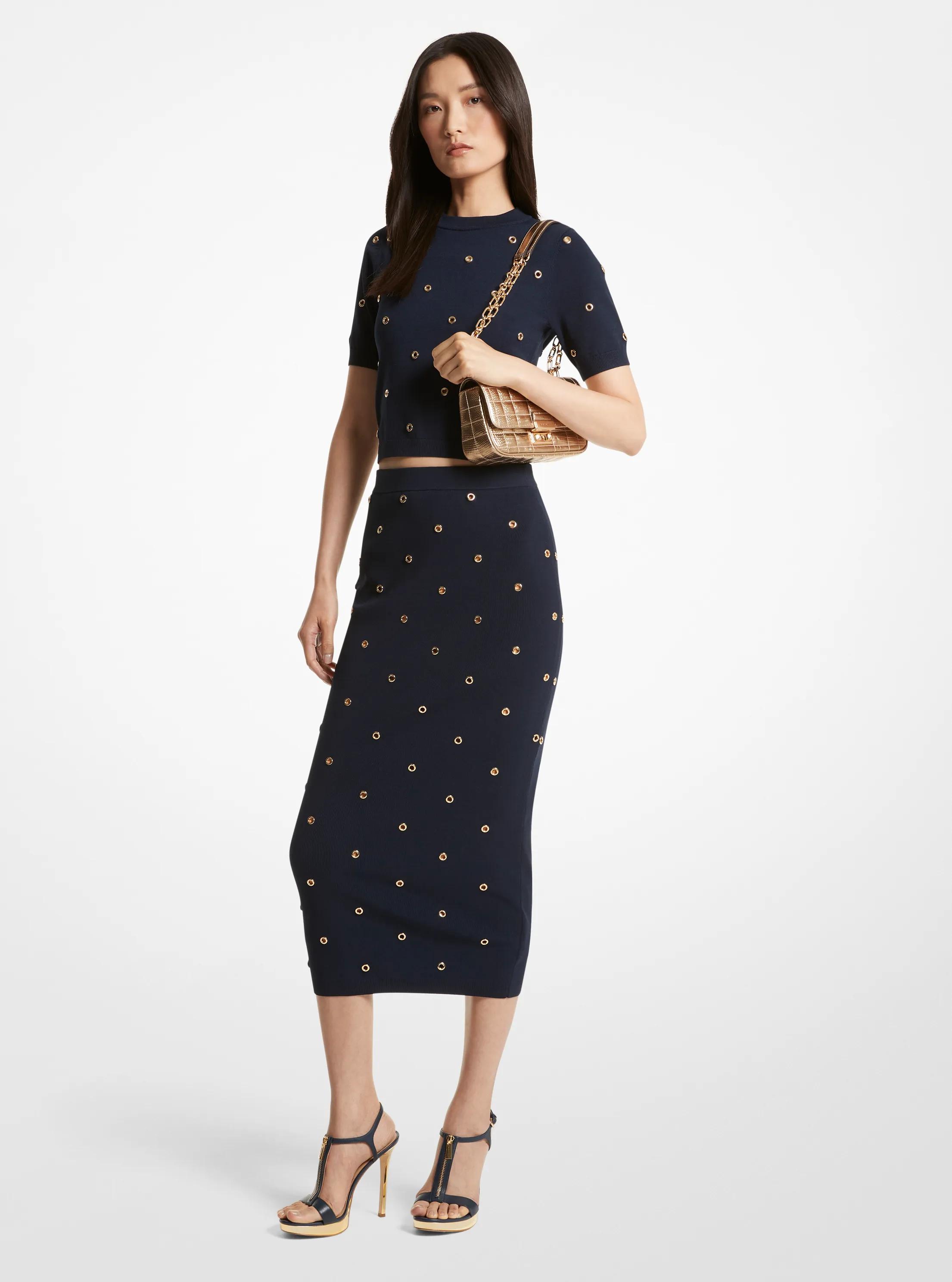 Grommet-Embellished Stretch Knit Pencil Skirt
