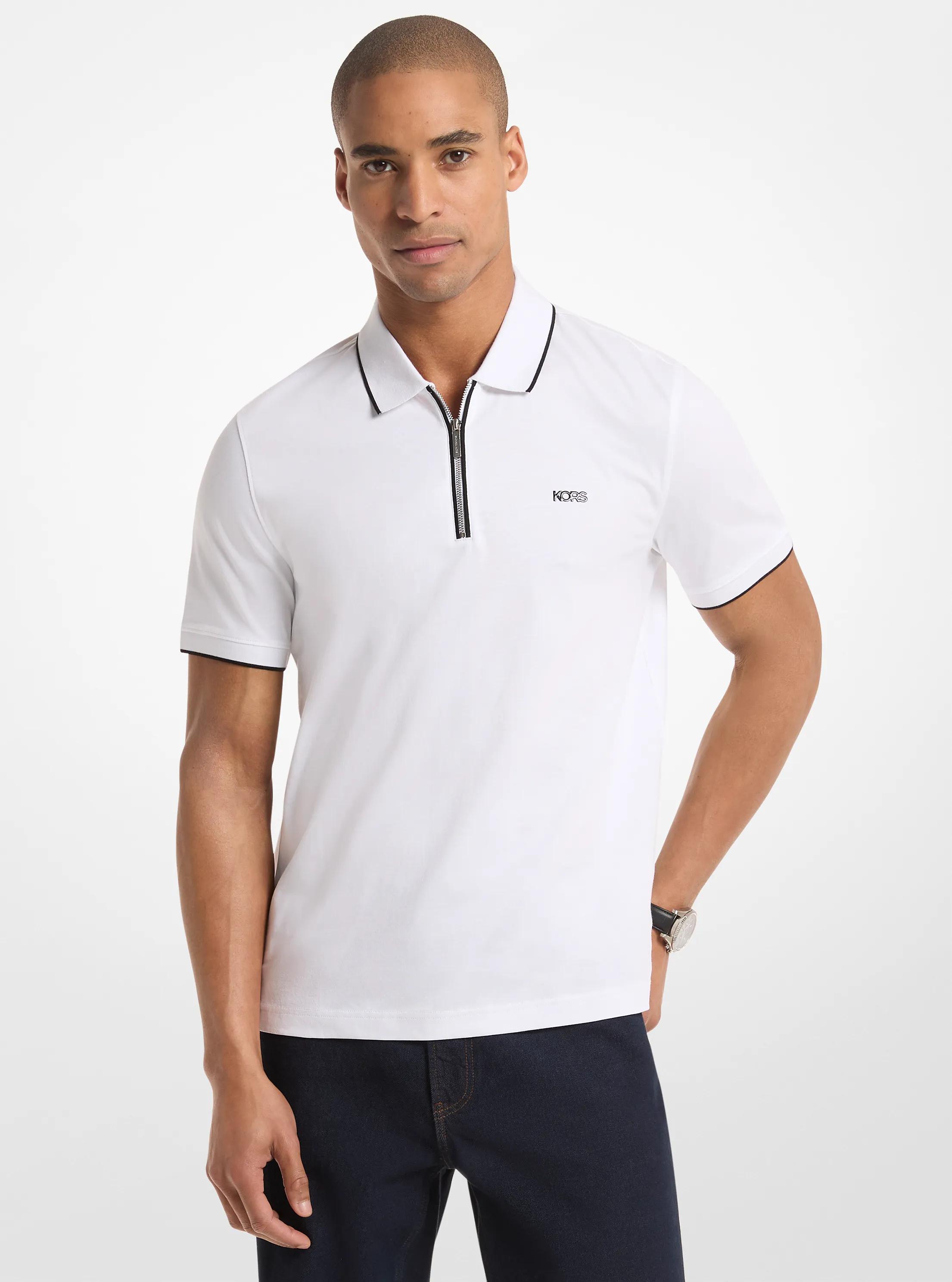 Cotton Jersey Zip-Up Polo Shirt in WHITE | Michael Kors