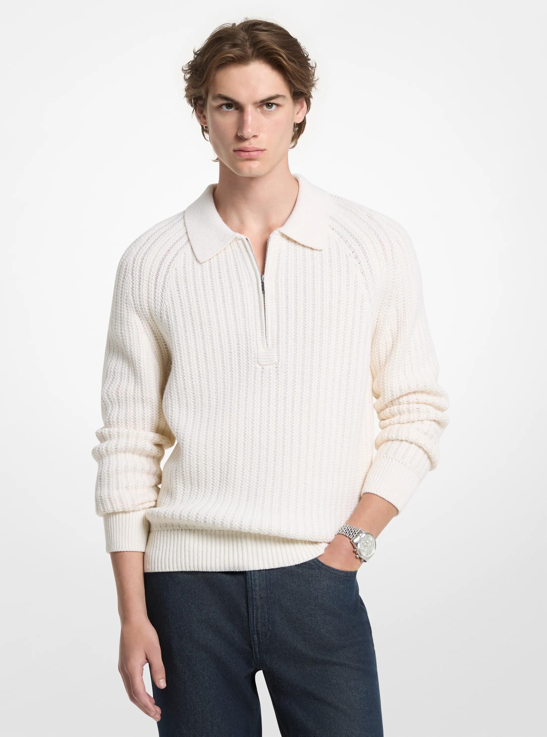 Textured Wool Blend Quarter-Zip Sweater in BONE | Michael Kors