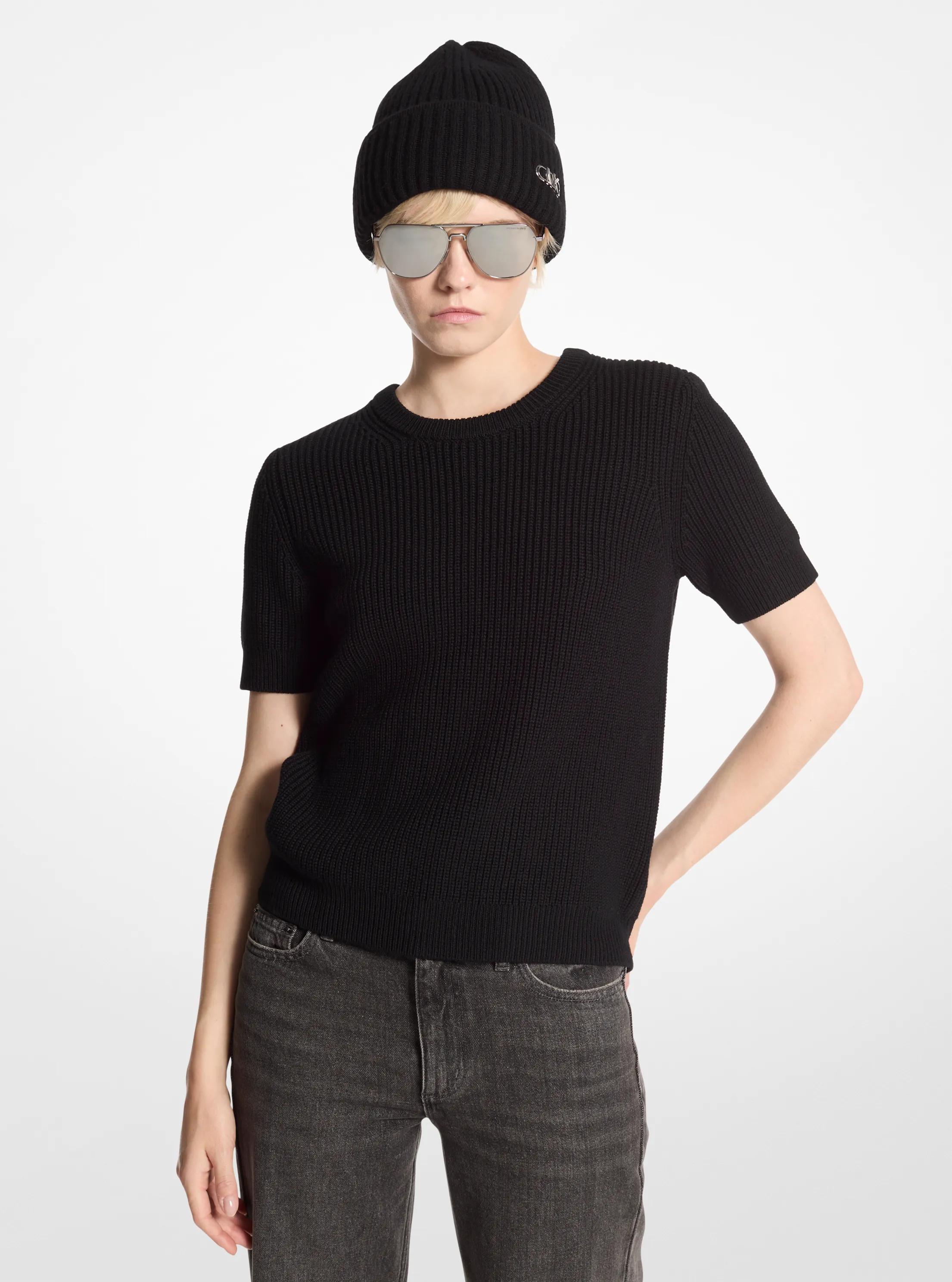 Wool Short-Sleeve Sweater in BLACK | Michael Kors