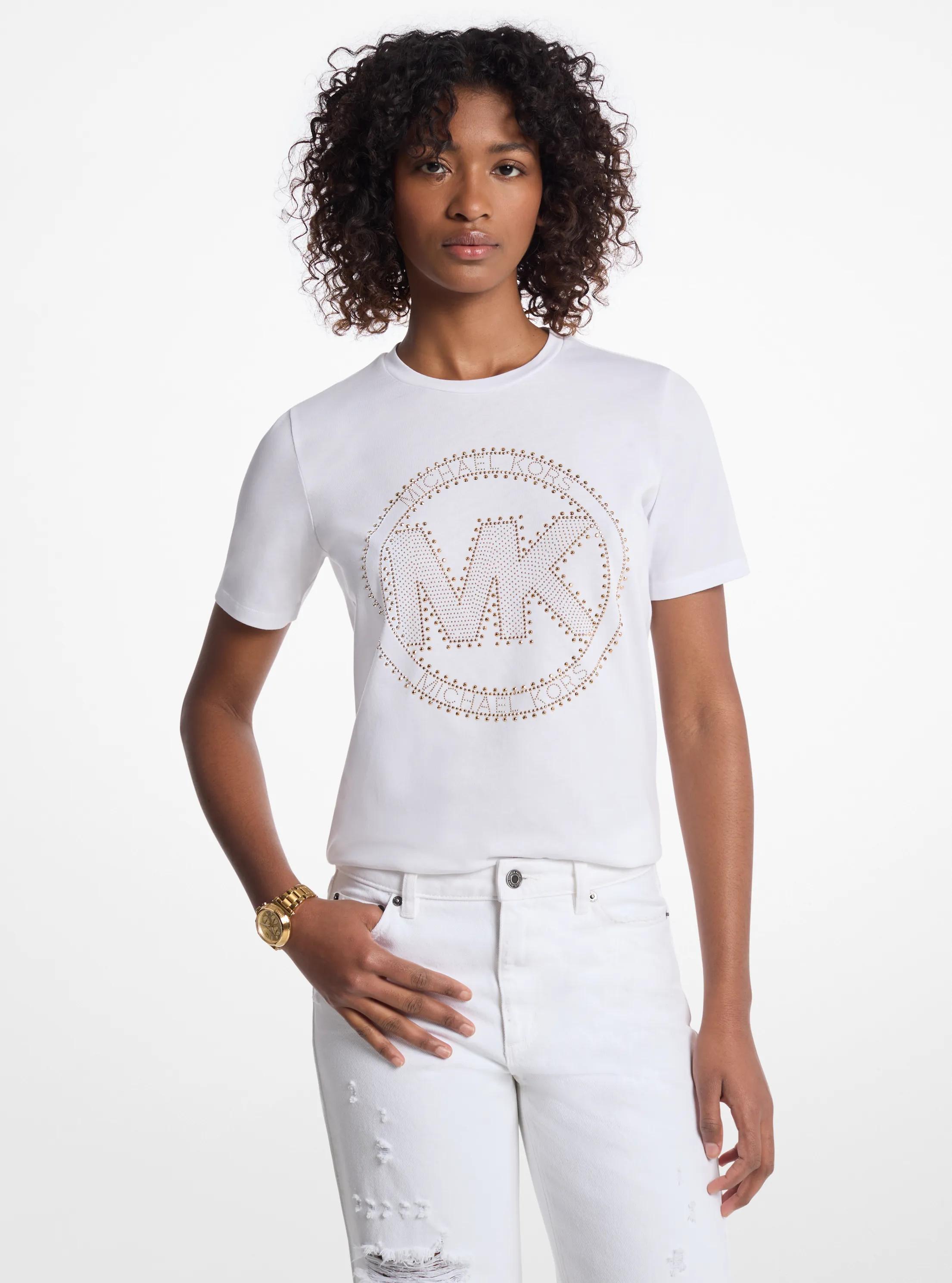 Studded Logo Charm Organic Cotton Jersey T-Shirt in WHITE | Michael Kors