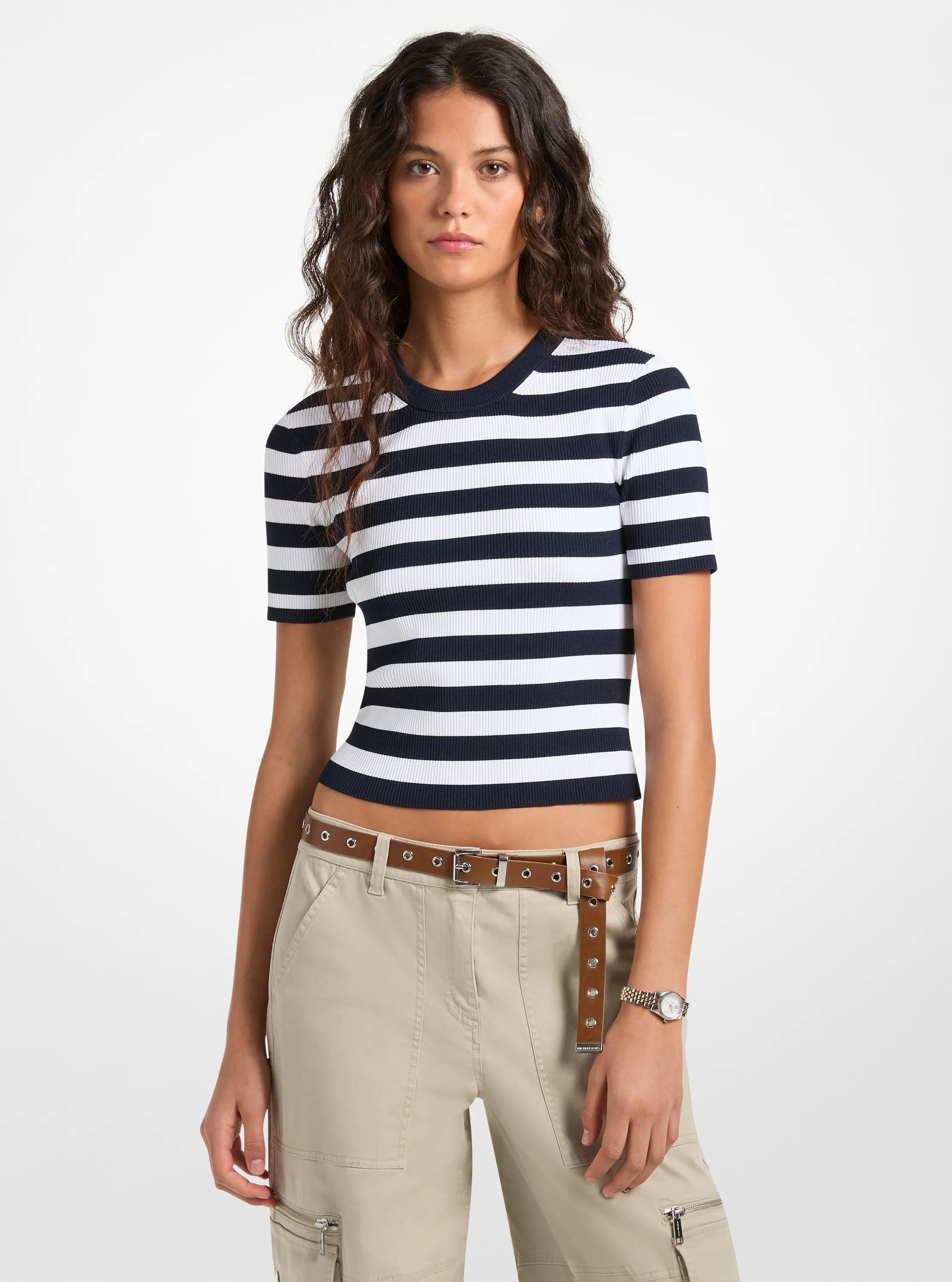 Camisa de punto el&aacute;stico acanalado a rayas in MIDNIGHTBLUE | Michael Kors