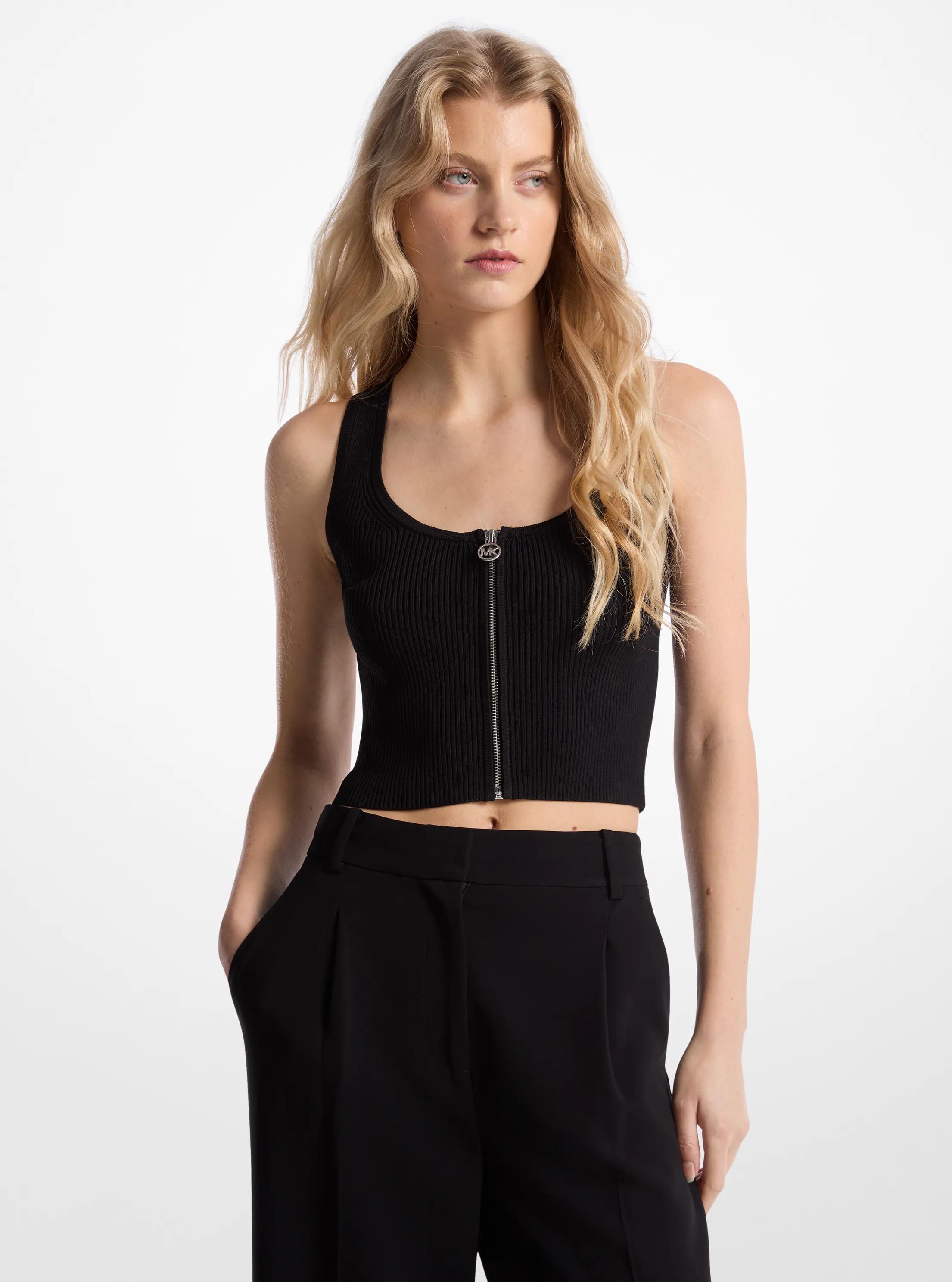 Ribbed Viscose Blend Zip-Up Tank Top in BLACK | Michael Kors