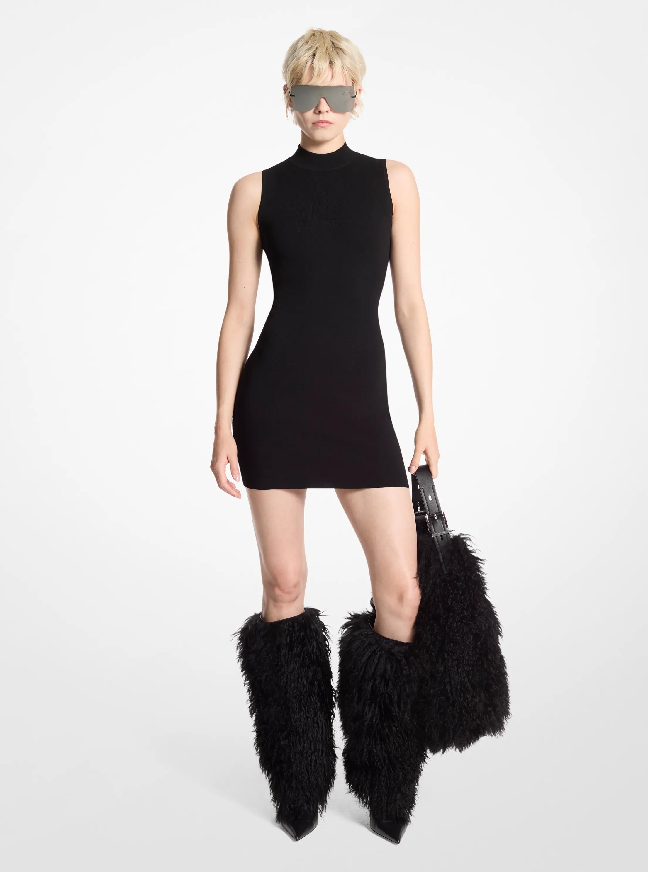 Stretch Viscose Mock Neck Dress in BLACK | Michael Kors