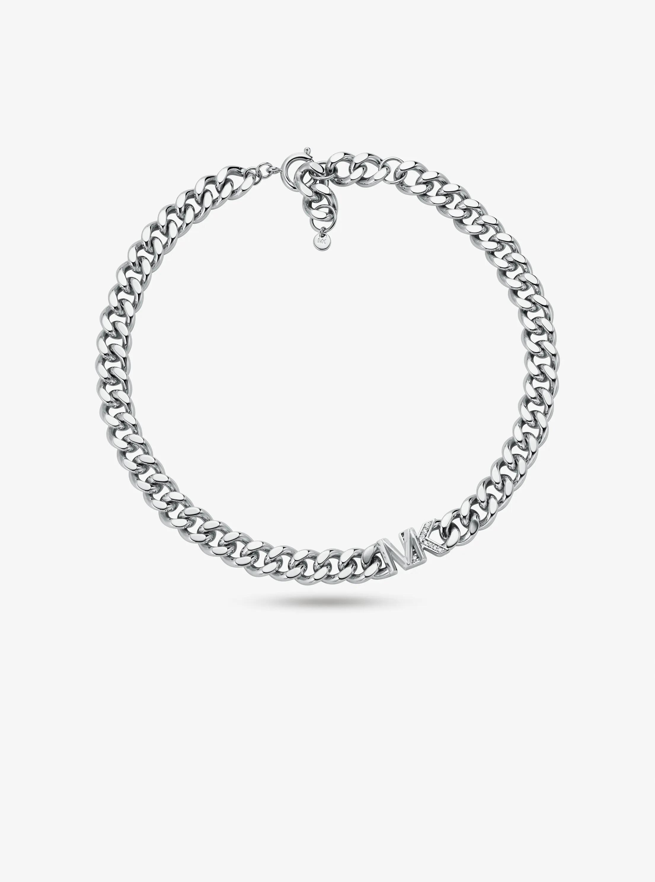 Precious Metal-Plated Brass Pav&eacute; Logo Curb Link Necklace
