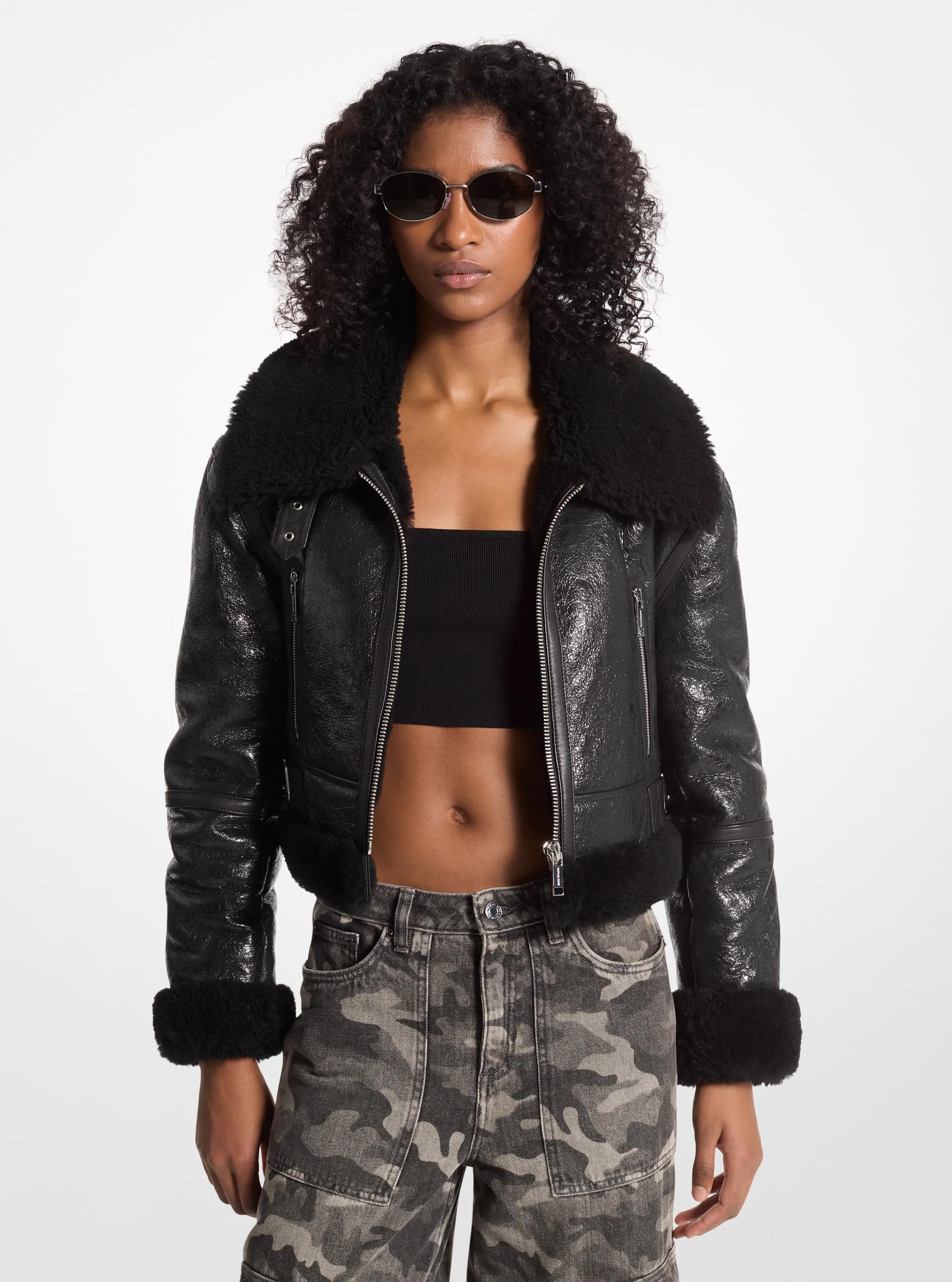 Crackled Leather and Shearling Cropped Jacket in BLACK | Michael Kors