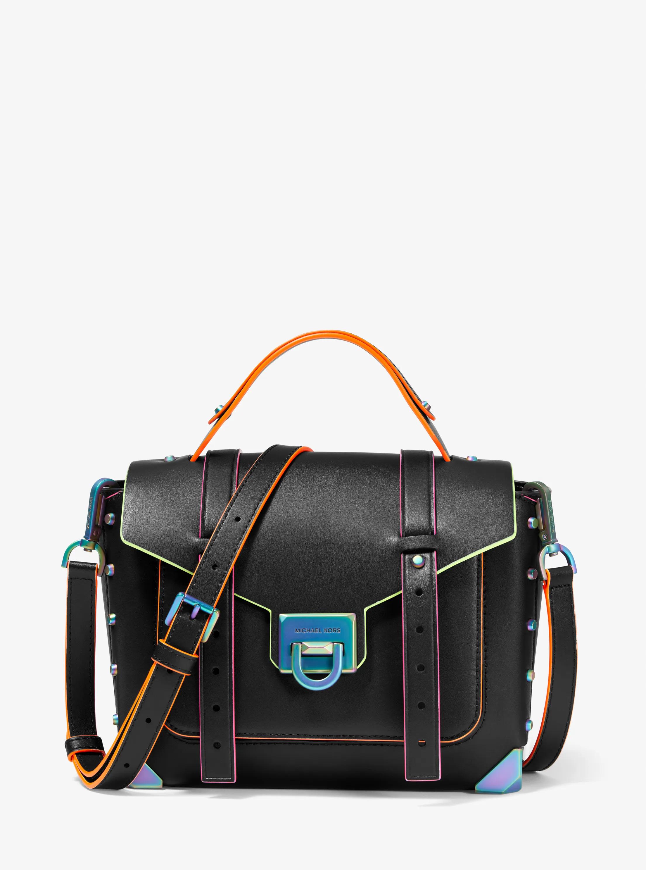 Manhattan Medium Contrast-Trim Leather Satchel in BLACK | Michael Kors