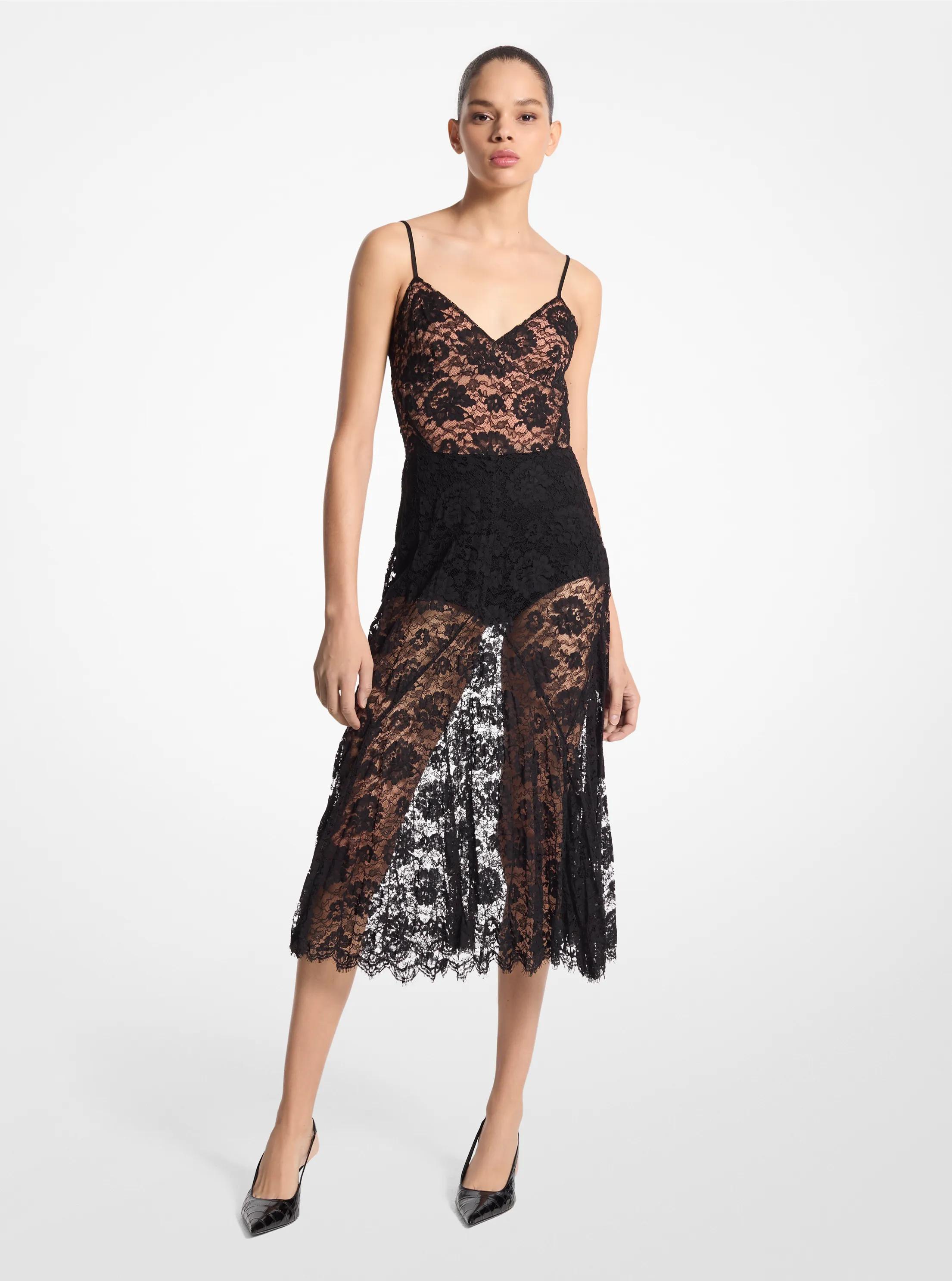 Crushed Floral Lace Slip Dress in BLACK | Michael Kors