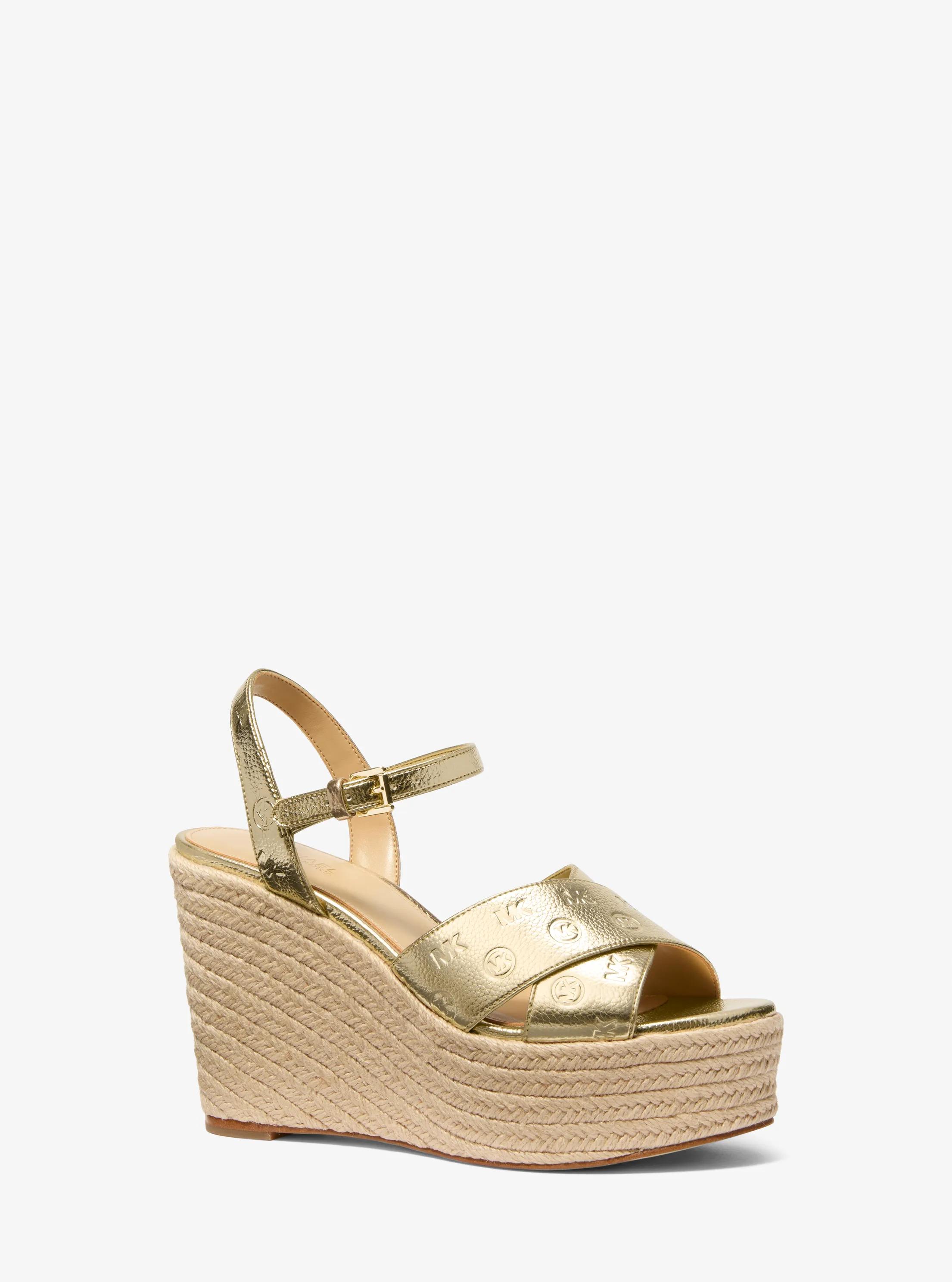 Luciana Metallic Logo Debossed Wedge Sandal in PALE GOLD | Michael Kors