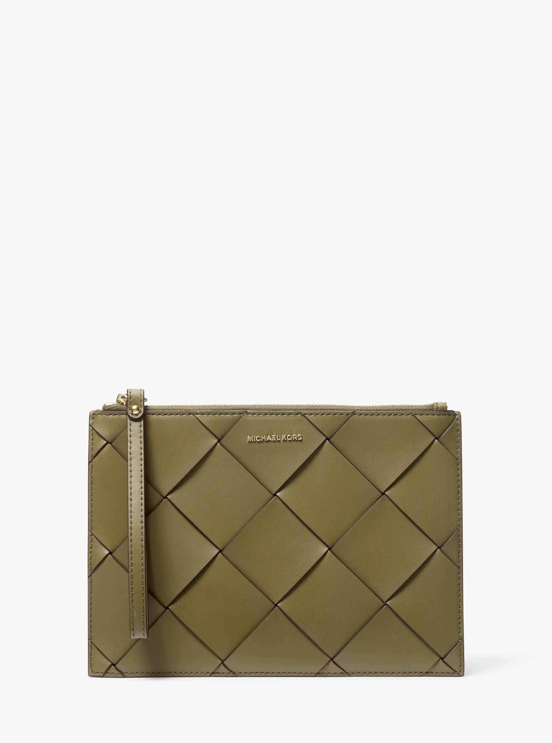 Jet Set Travel Extra-Large Woven Leather Wristlet in SAFARI GREEN | Michael Kors