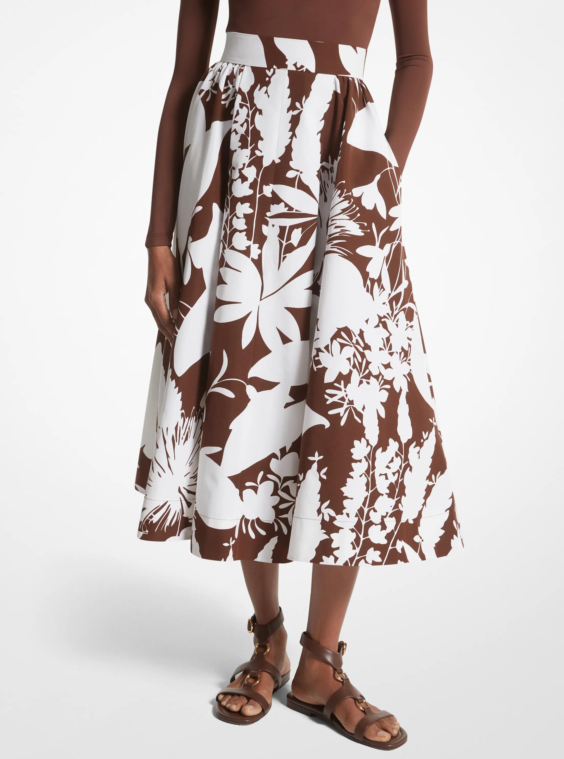Shadow Floral Cotton and Silk Faille Skirt in NUTMEG/OPTIC WHITE | Michael Kors