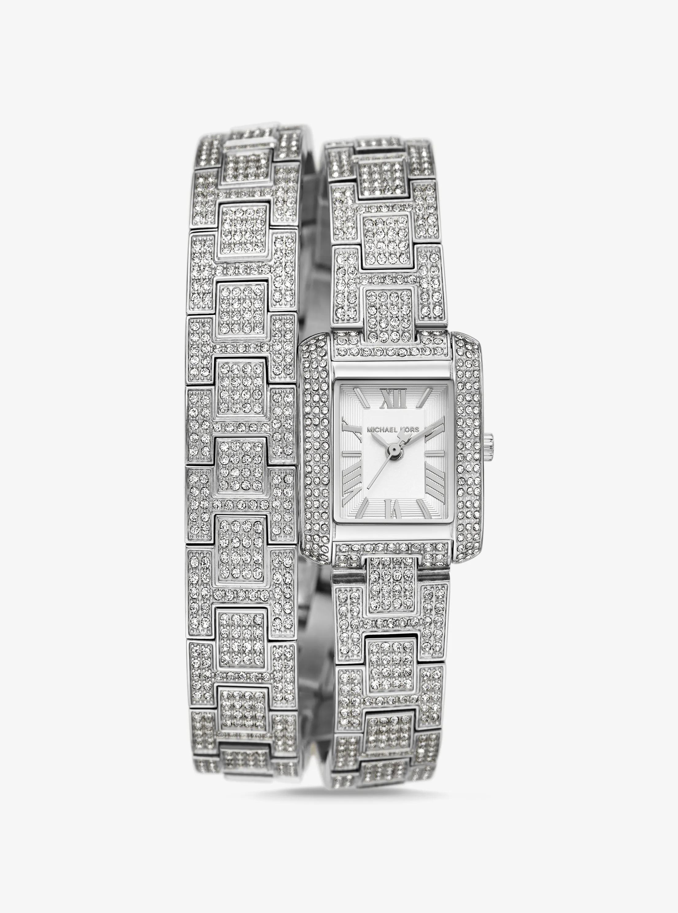 Reloj Emery peque&ntilde;o en tono plateado con incrustaciones y correa doble in PLATEADO | Michael Kors