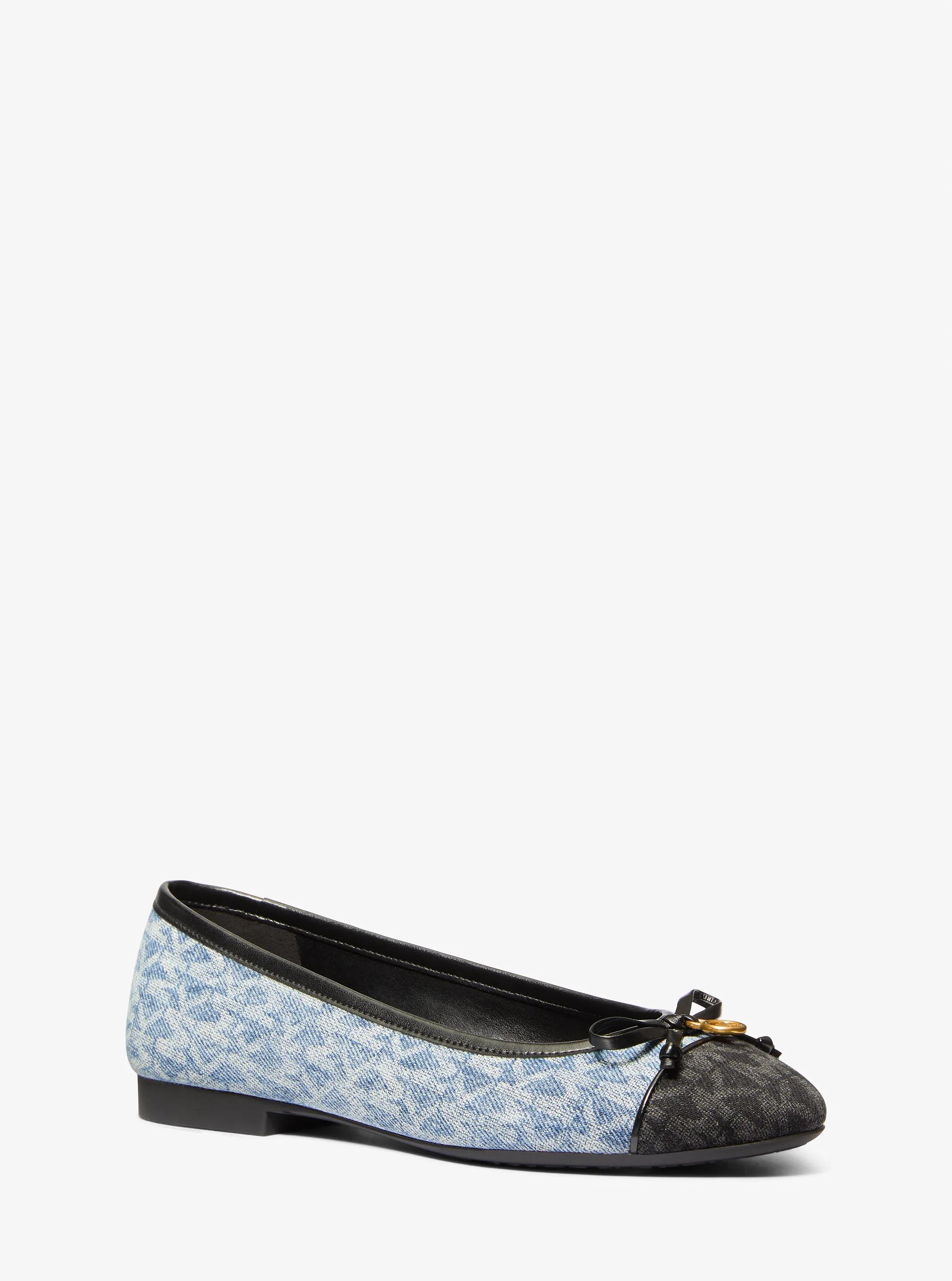 MK Piper Flex Signature Logo Print Denim Ballet Flat - White - MICHAEL Michael Kors