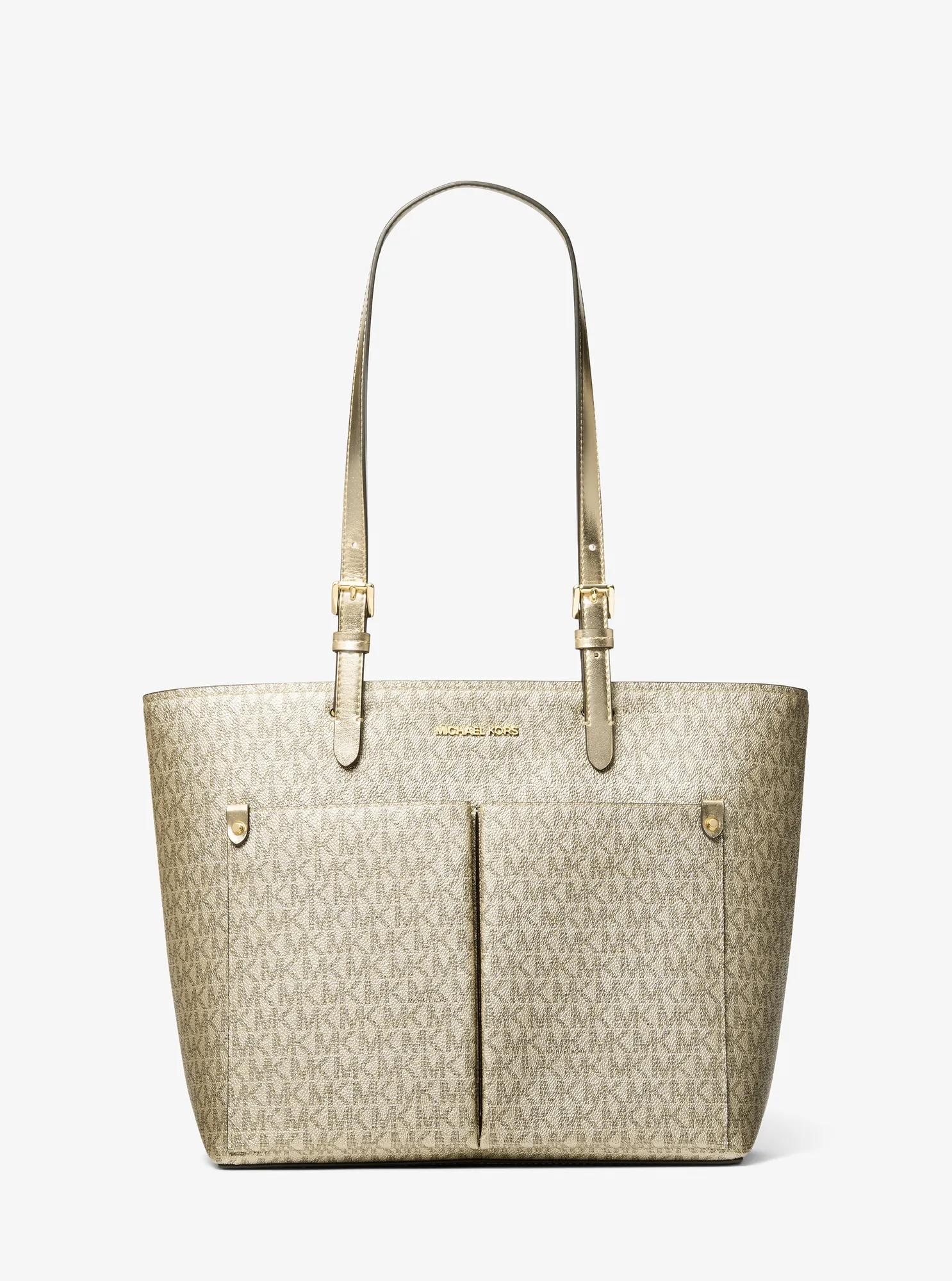 Jet Set Medium Metallic Signature Logo Pocket Tote Bag in PALE GOLD | Michael Kors