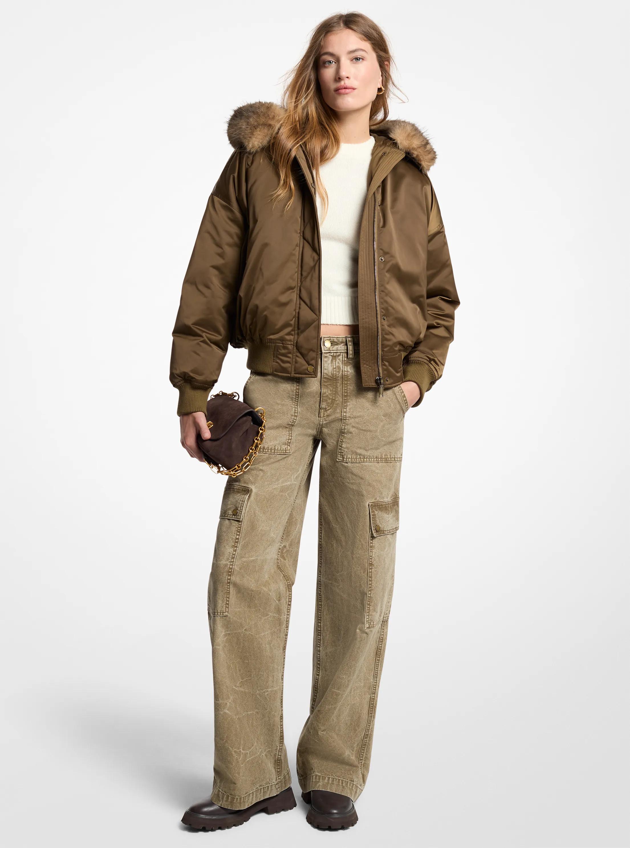 Faux Fur-Trimmed Satin Cir&eacute; Hooded Bomber Jacket in DUFFLE | Michael Kors