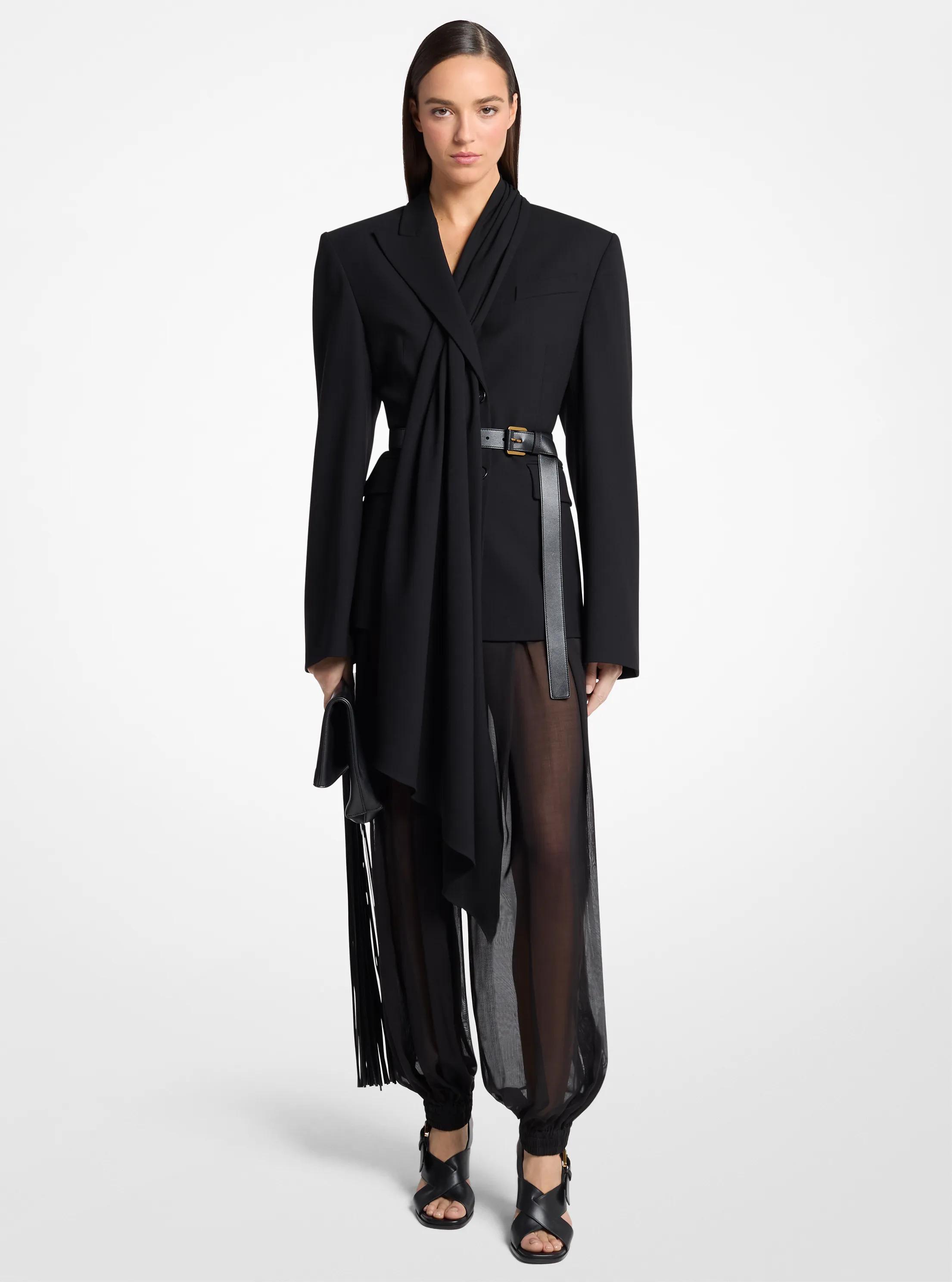 Michael Kors Tissue Wool Crepe Scarf Belted Blazer In Black