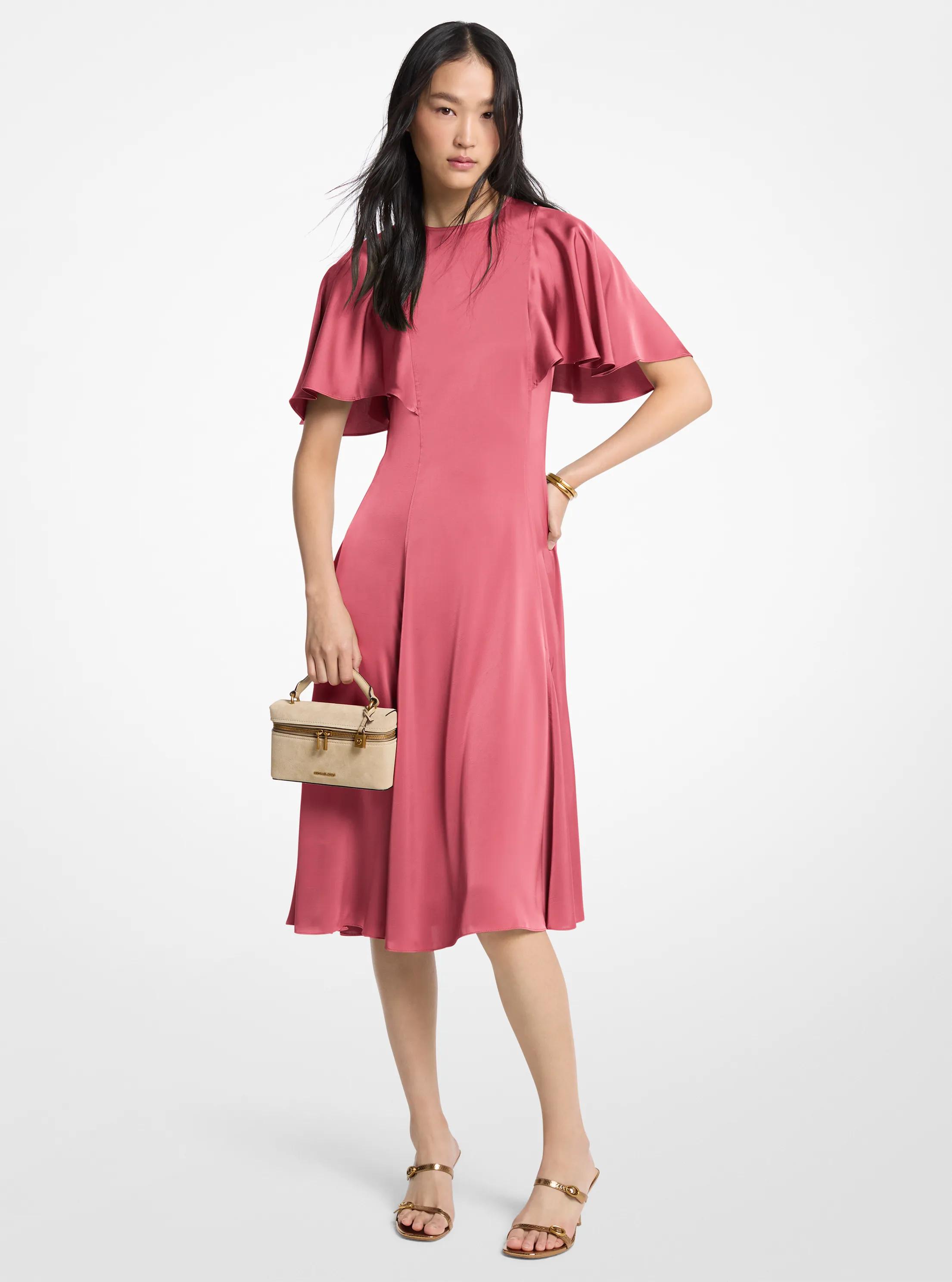 MK Robe mi-longue en satin à manches cape - Rose - Michael Kors