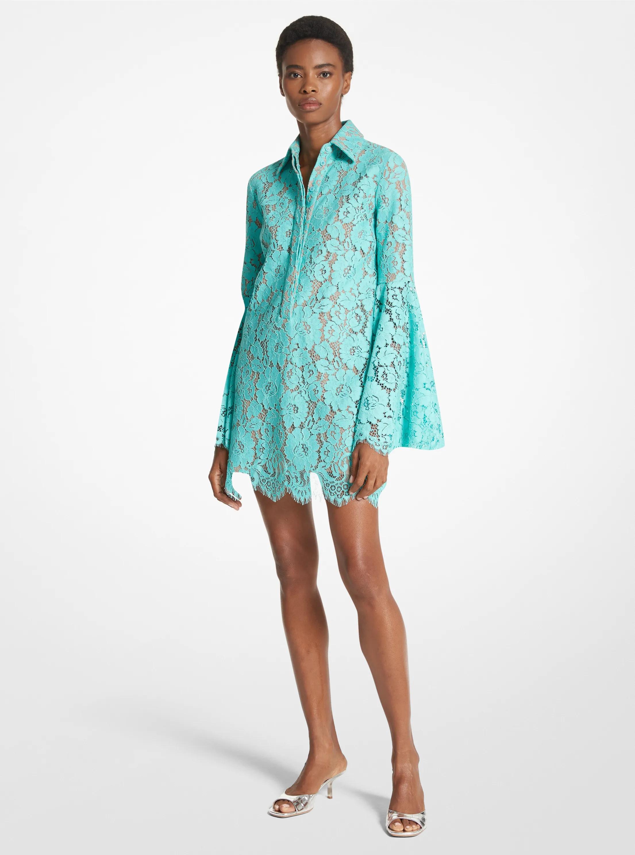 Floral Lace Bell-Sleeve Shirtdress in SEAFOAM | Michael Kors