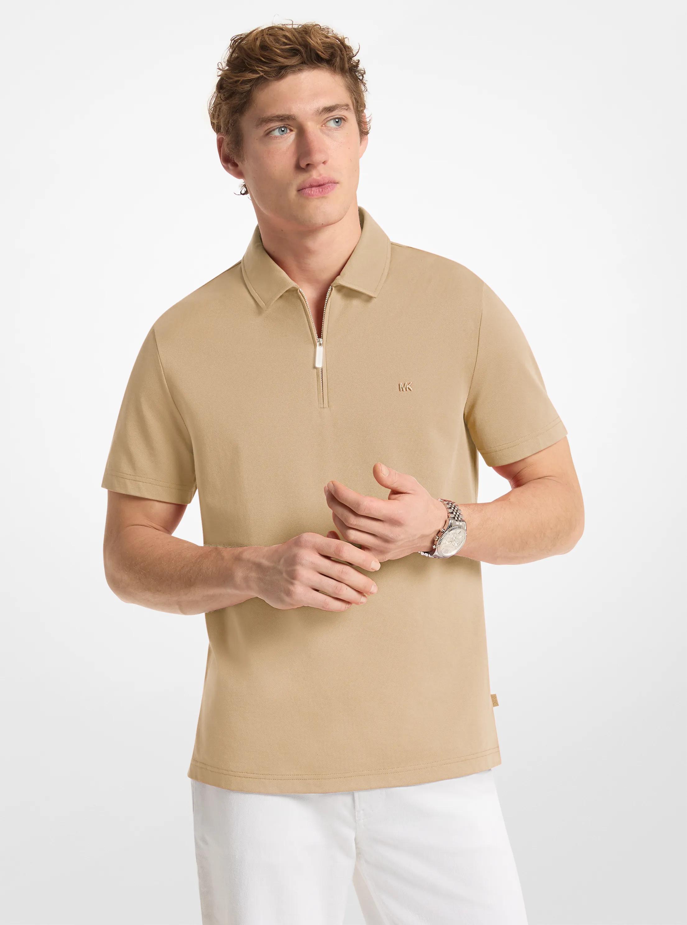 Cotton Blend Piqu&eacute; Zip-Up Polo Shirt in KHAKI | Michael Kors