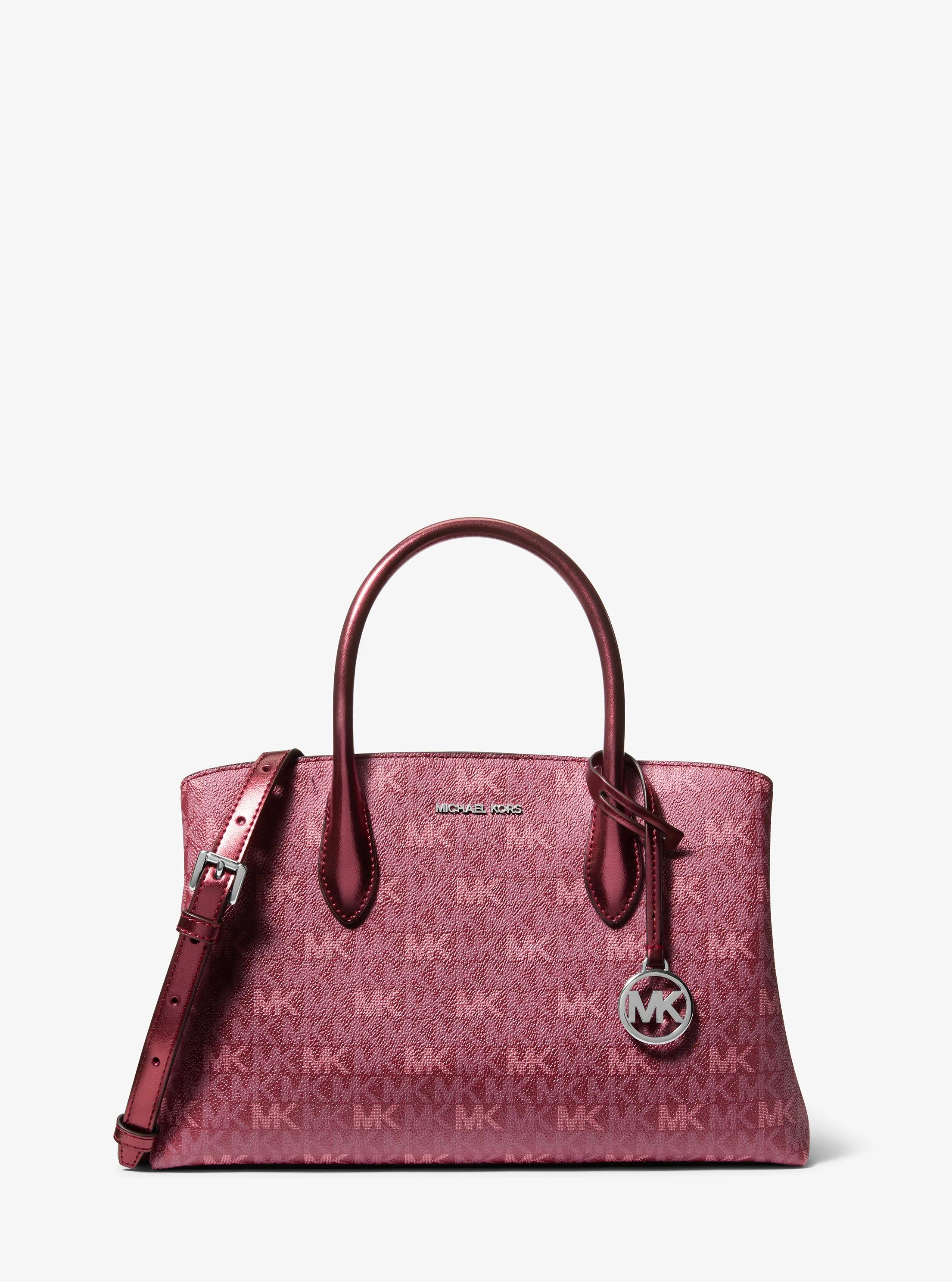 Maya Medium Metallic Signature Logo Satchel in MAROON | Michael Kors