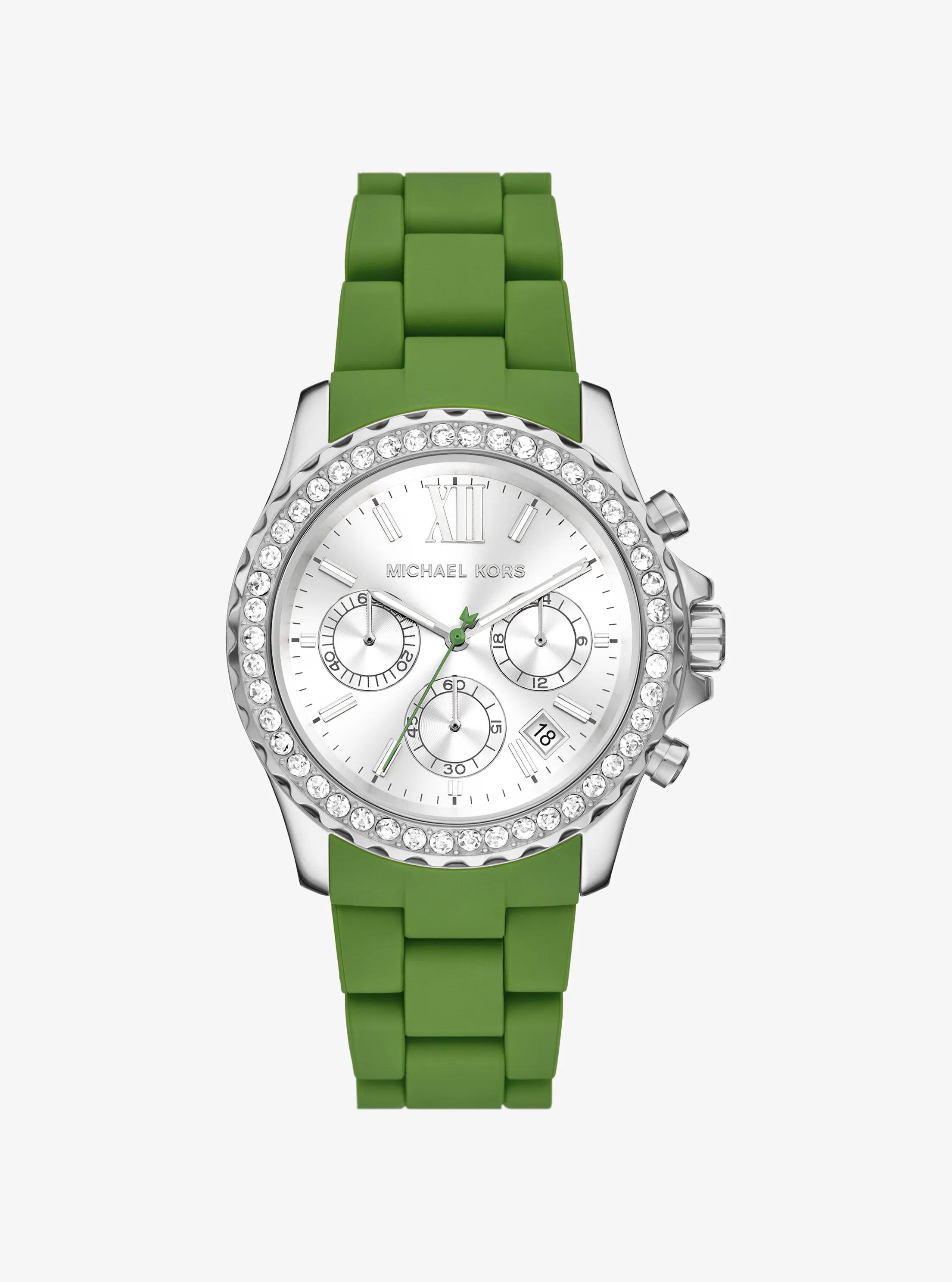 Oversized Everest Pav&eacute; Silver-Tone and Silicone Watch in VERT JUNGLE | Michael Kors