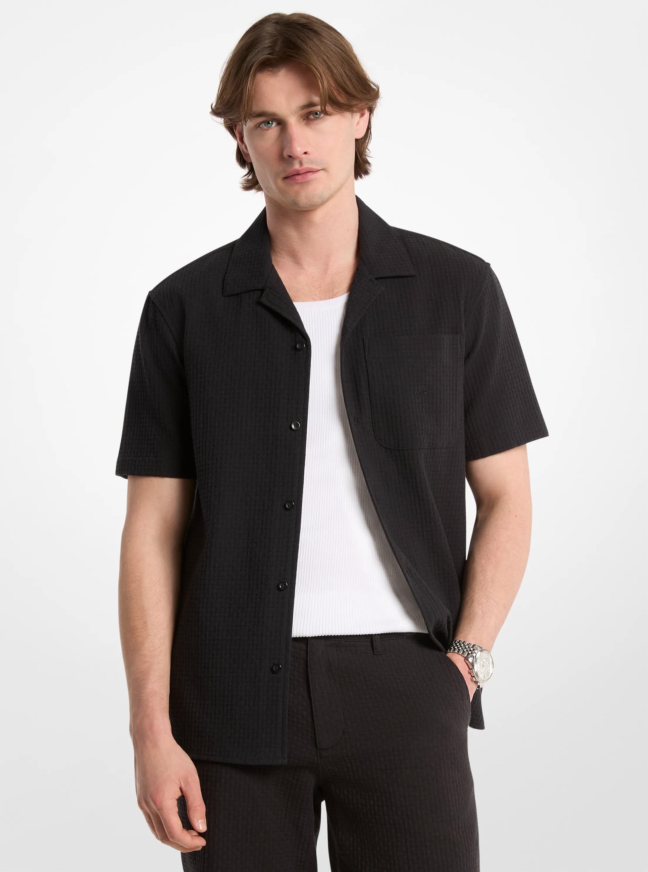 Cotton Waffle Camp Shirt in BLACK | Michael Kors