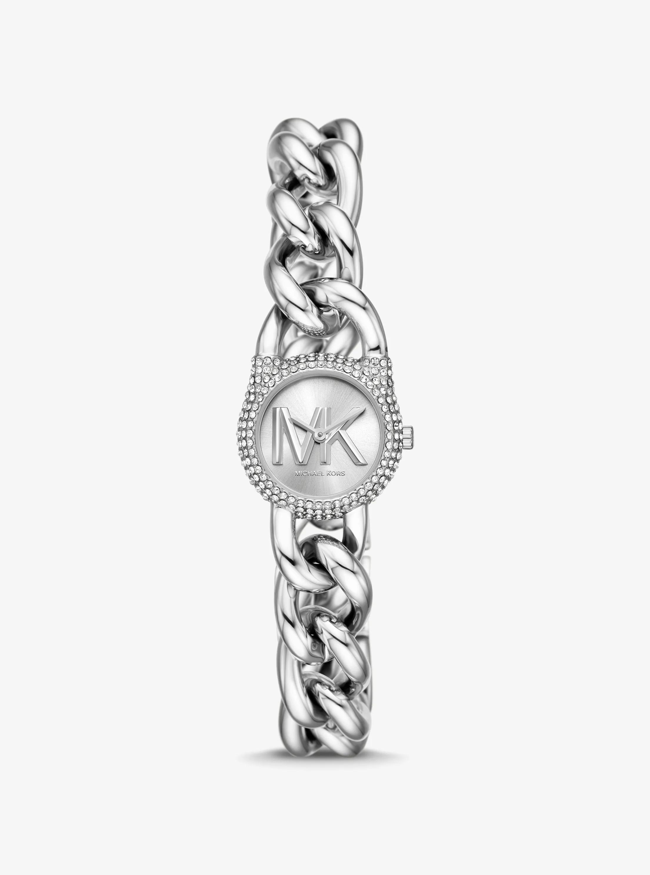 Petite Pav&eacute; Silver-Tone Chain-Link Watch in SILVER | Michael Kors