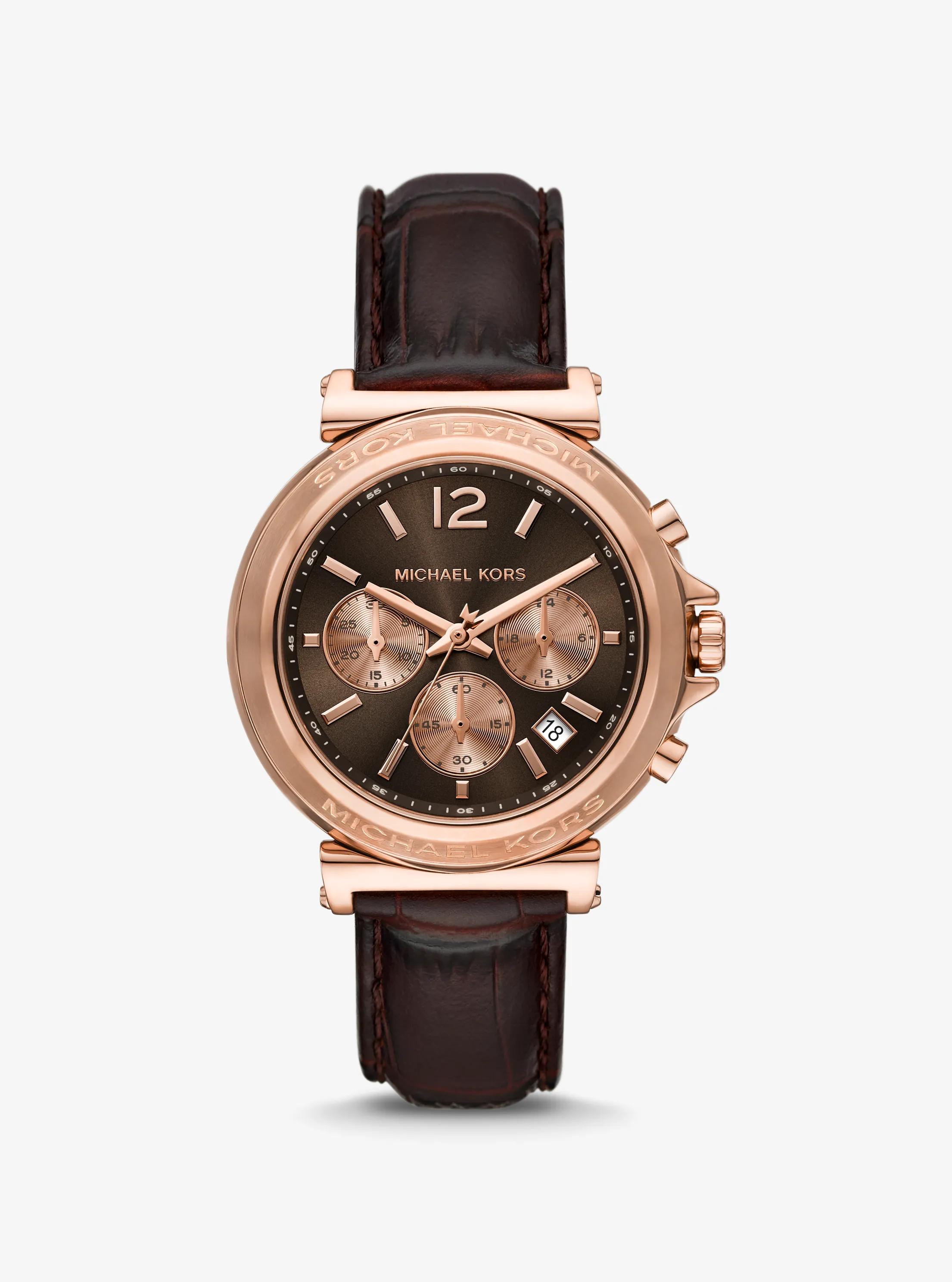 Oversized Maren Rose Gold-Tone and Crocodile Embossed Leather Watch in CHOCOLATE | Michael Kors