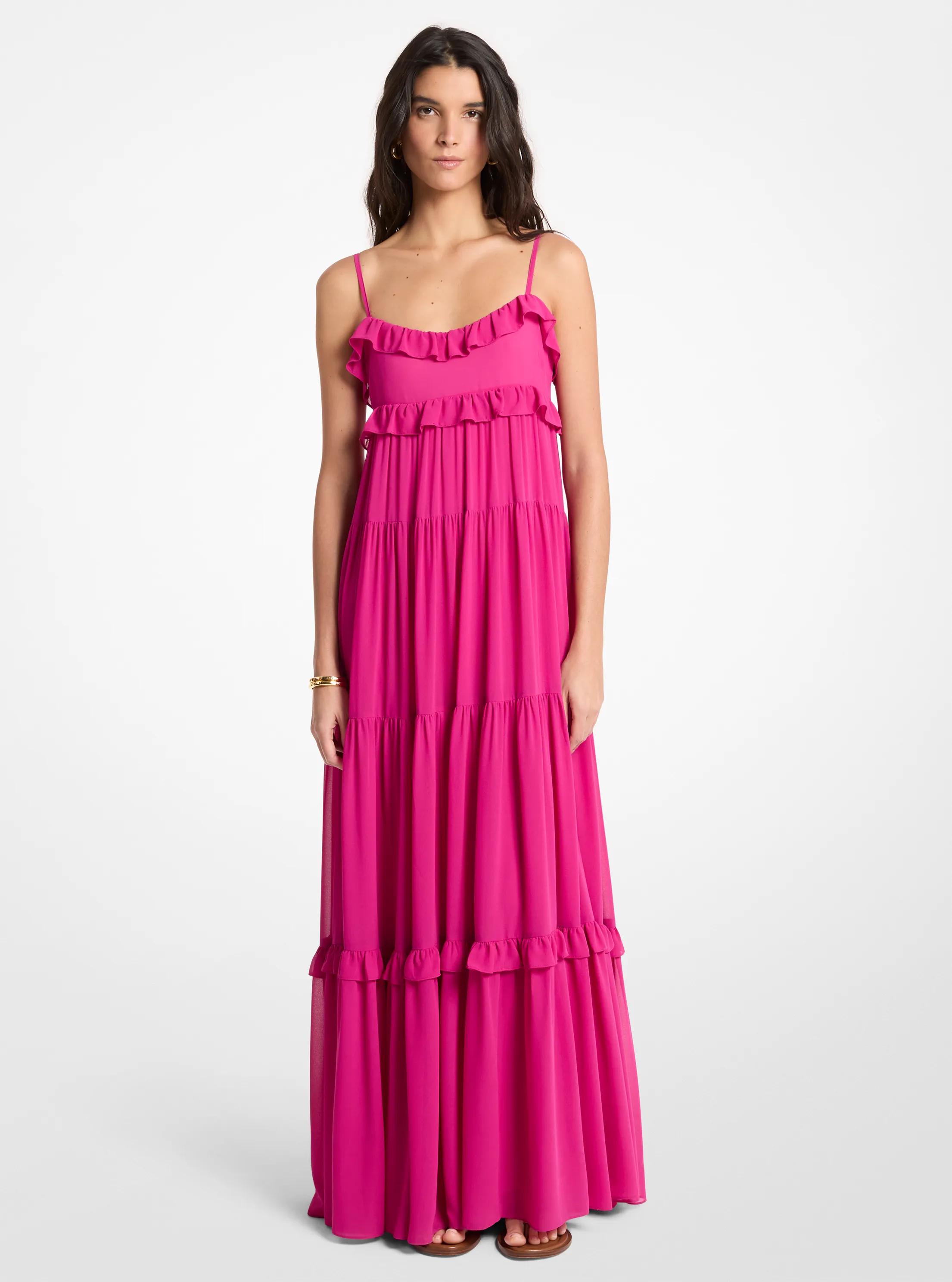MK Maxi-jurk van crêpe georgette met stroken en ruches - Roze - Michael Kors