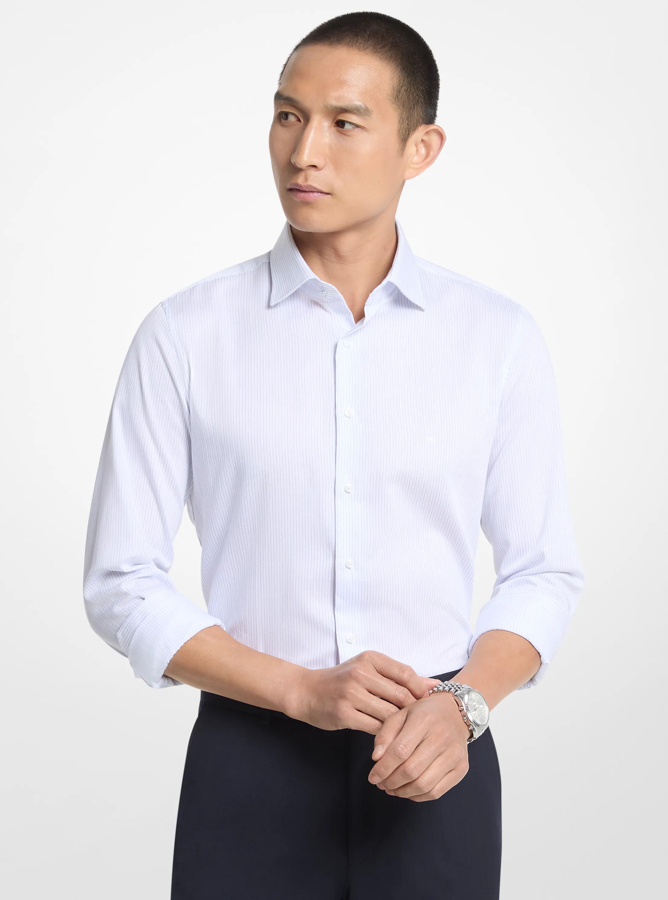 Slim-Fit Herringbone Striped Cotton Shirt in WHITE | Michael Kors