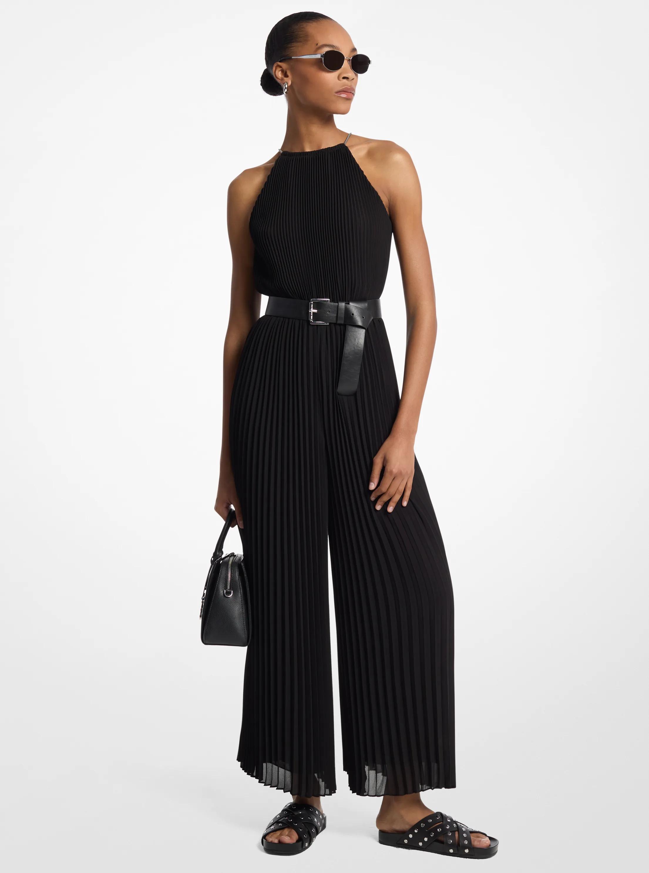 Pleated Georgette Halter Jumpsuit in BLACK | Michael Kors