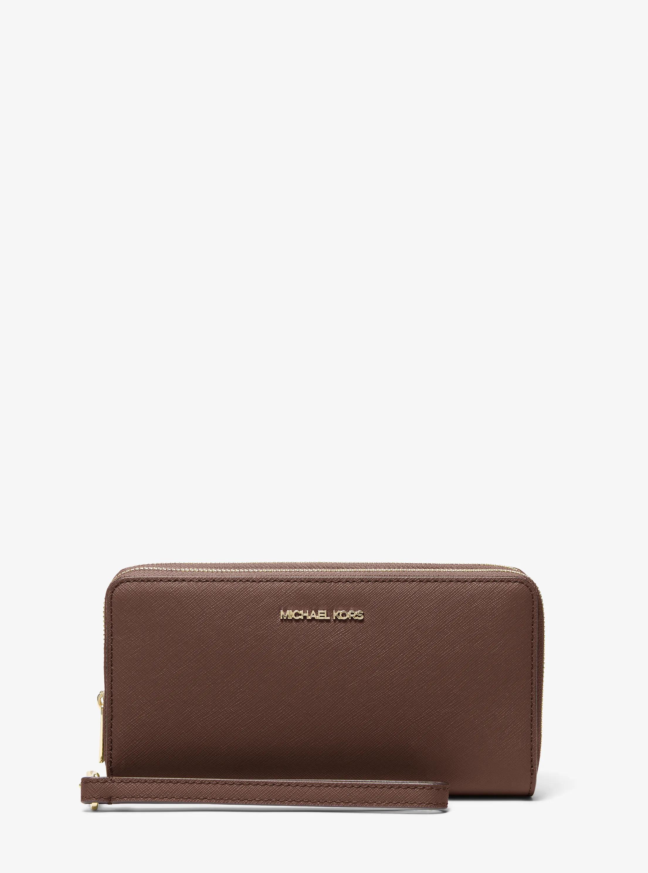 Jet Set Travel Large Saffiano Leather Wristlet in NUTMEG | Michael Kors