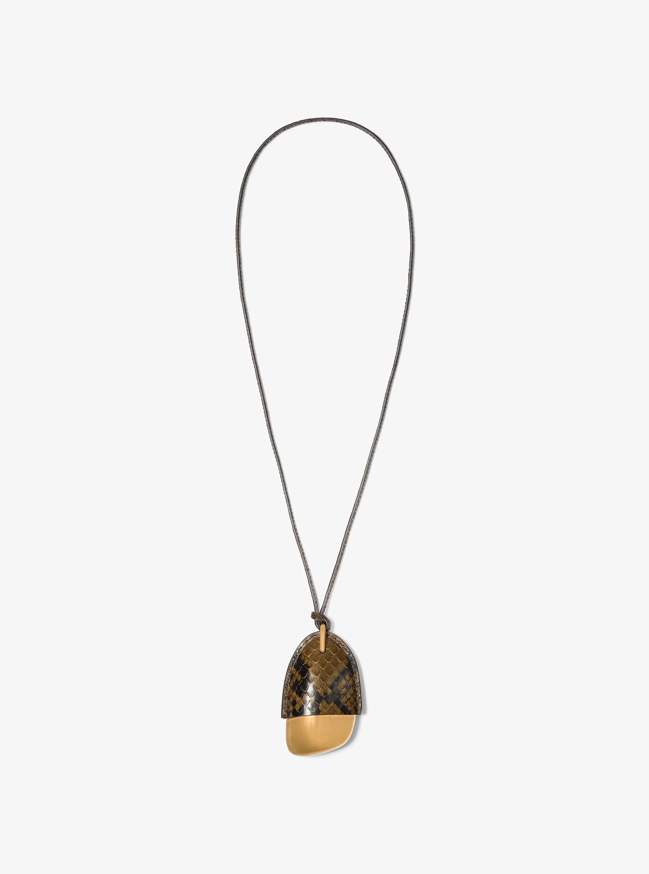 Michael Kors Collection Brushed Brass and Snake Embossed Leather Wrapped Pendant Necklace