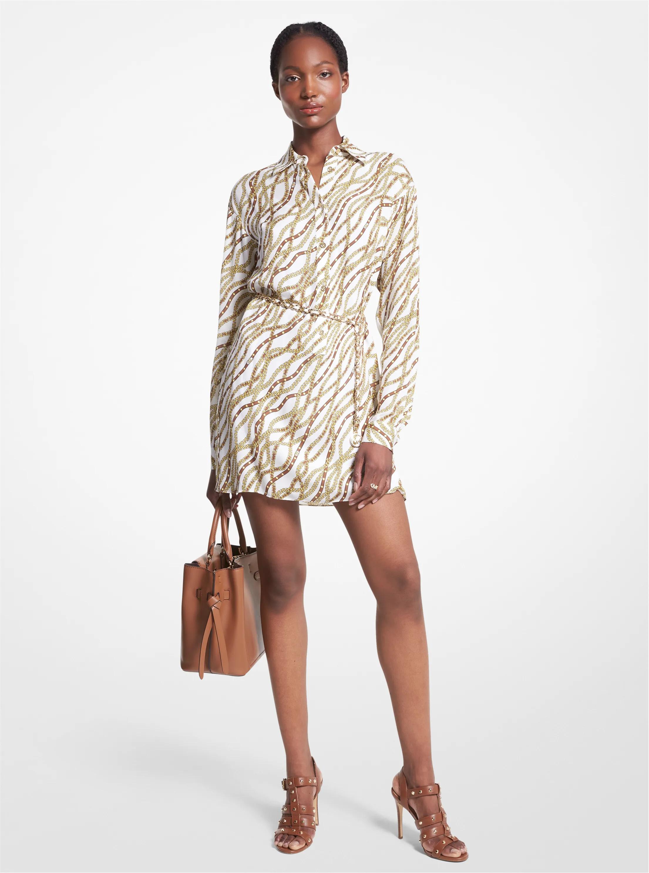 Status Print Georgette Mini Shirtdress in WHITE | Michael Kors